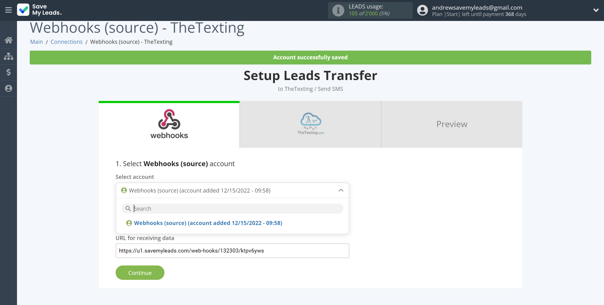 How to Connect Webhooks with TheTexting | Data Source account selection