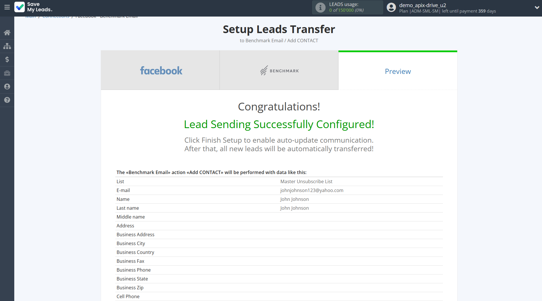 How to Connect Facebook with Benchmark Email | Test data