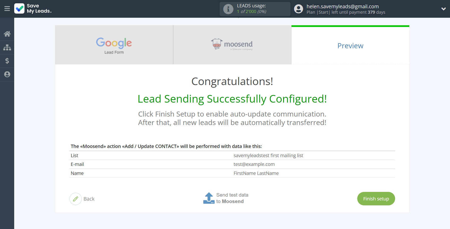 How to Connect Google Lead Form with Moosend | Test data