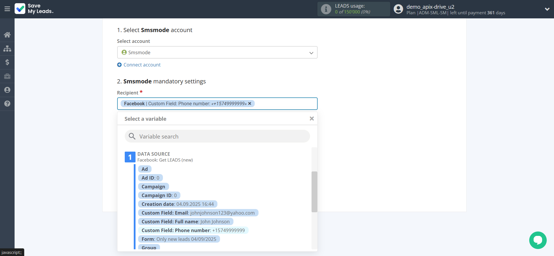 How to Connect Facebook with Smsmode | Assigning fields