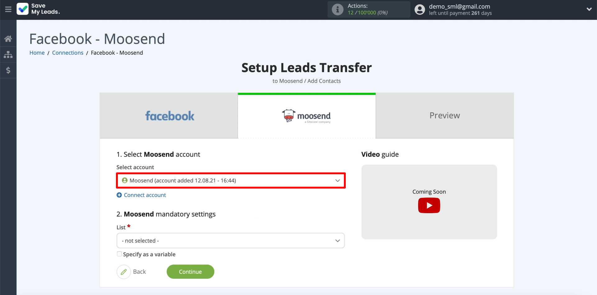 How to set up the upload of new leads from your Facebook ad account in Moosend | Select the connected Moosend account