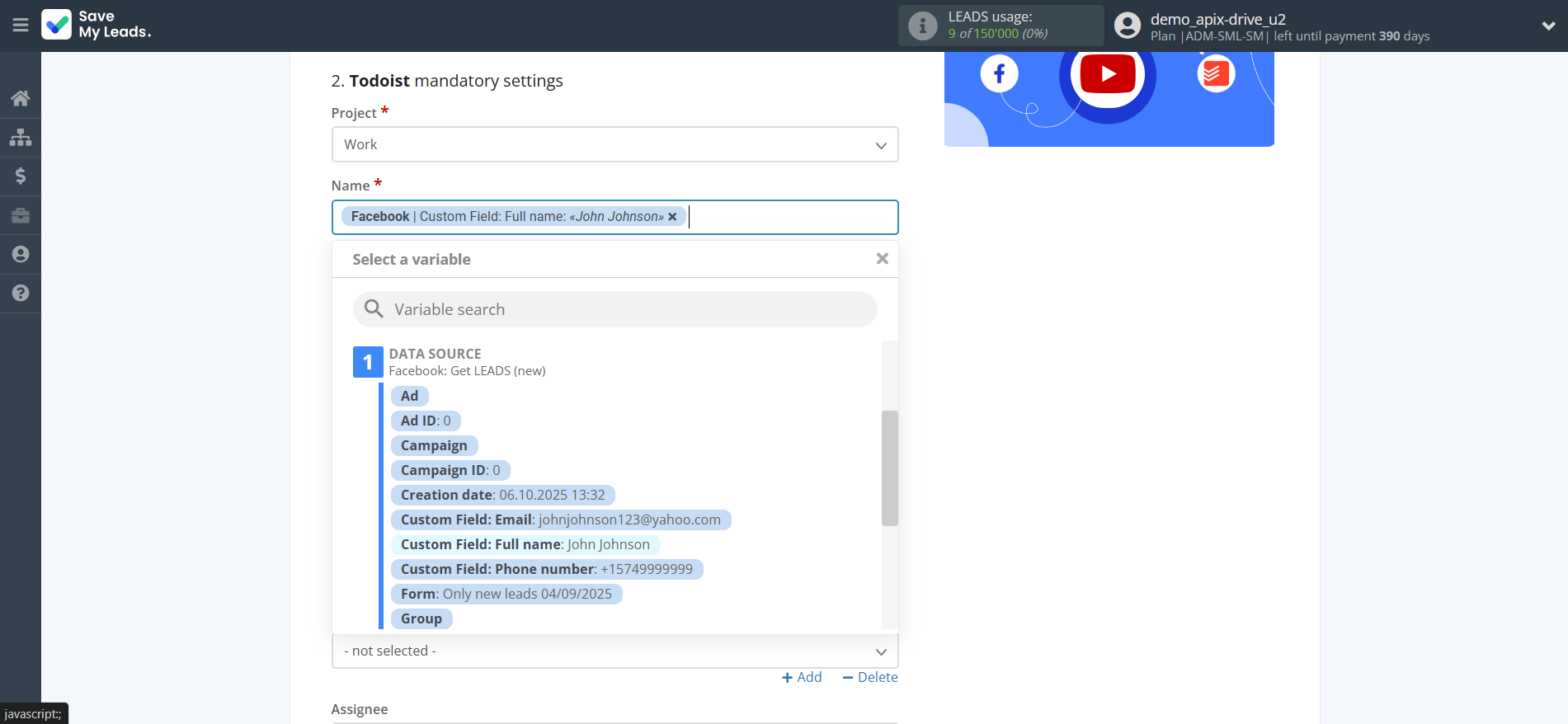 How to Connect Facebook with Todoist | Assigning fields How to Connect Facebook with Todoist | Assigning fields