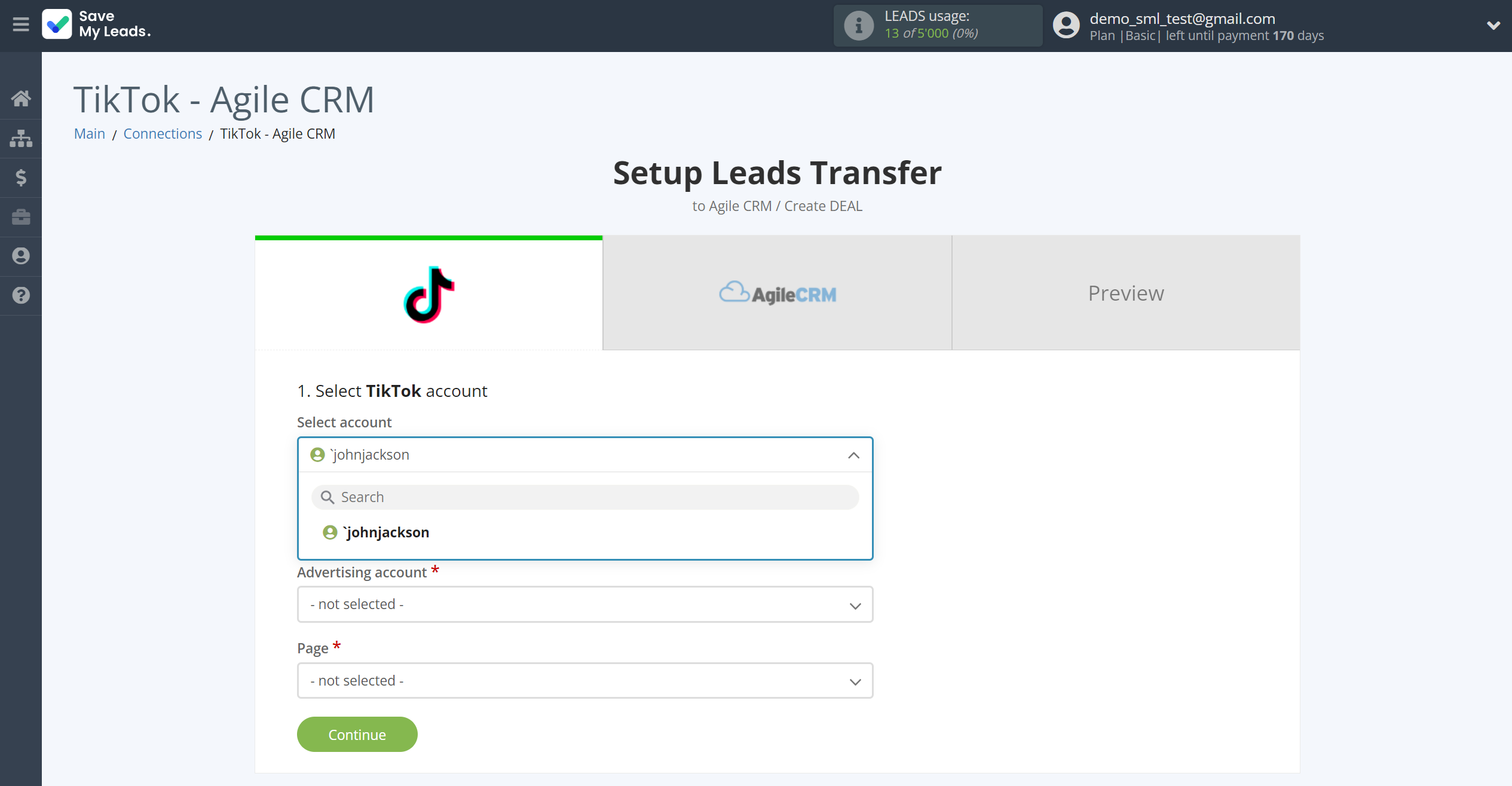 How to Connect TikTok with AgileCRM Create Deal | Data Source account selection