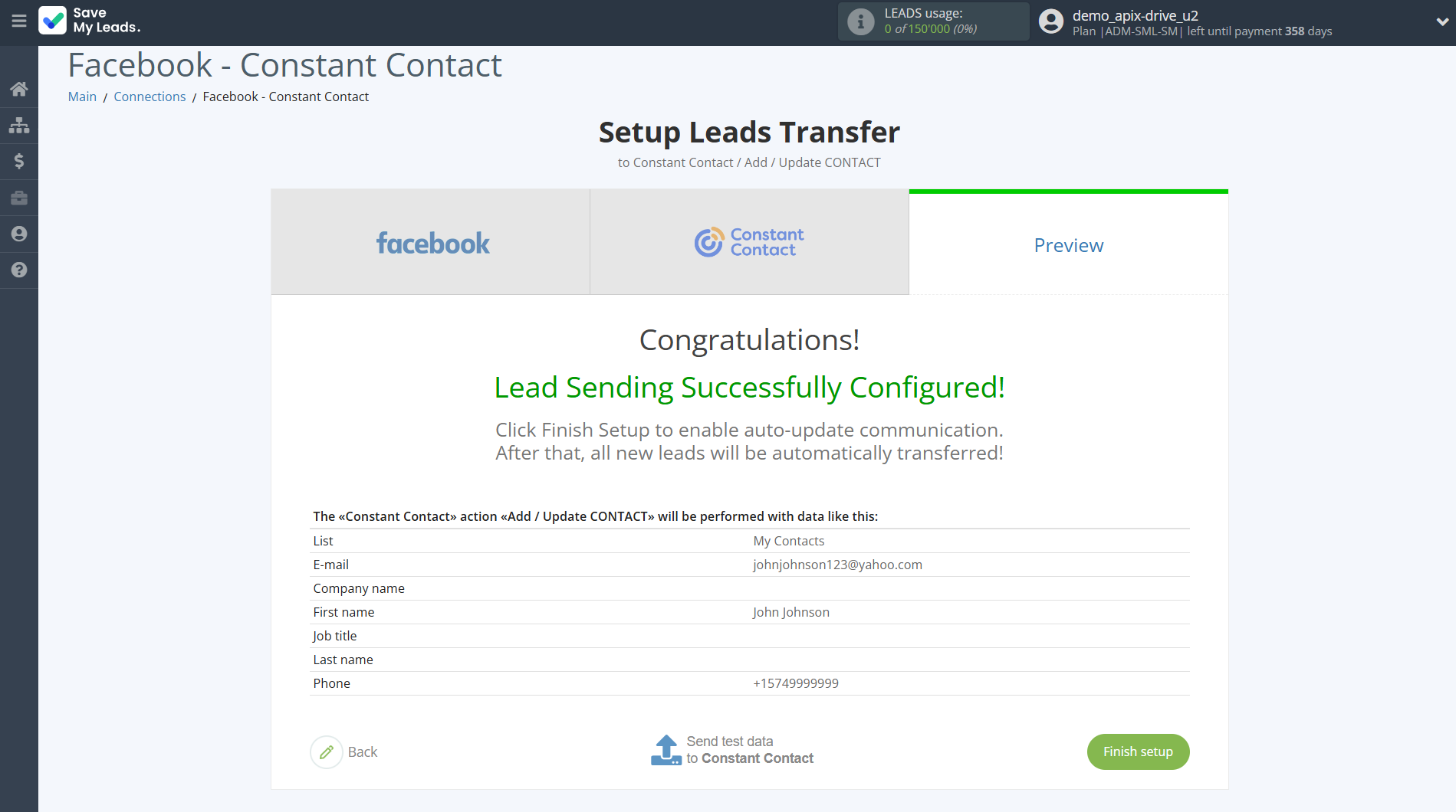 How to Connect Facebook with Constant Contact | Test data