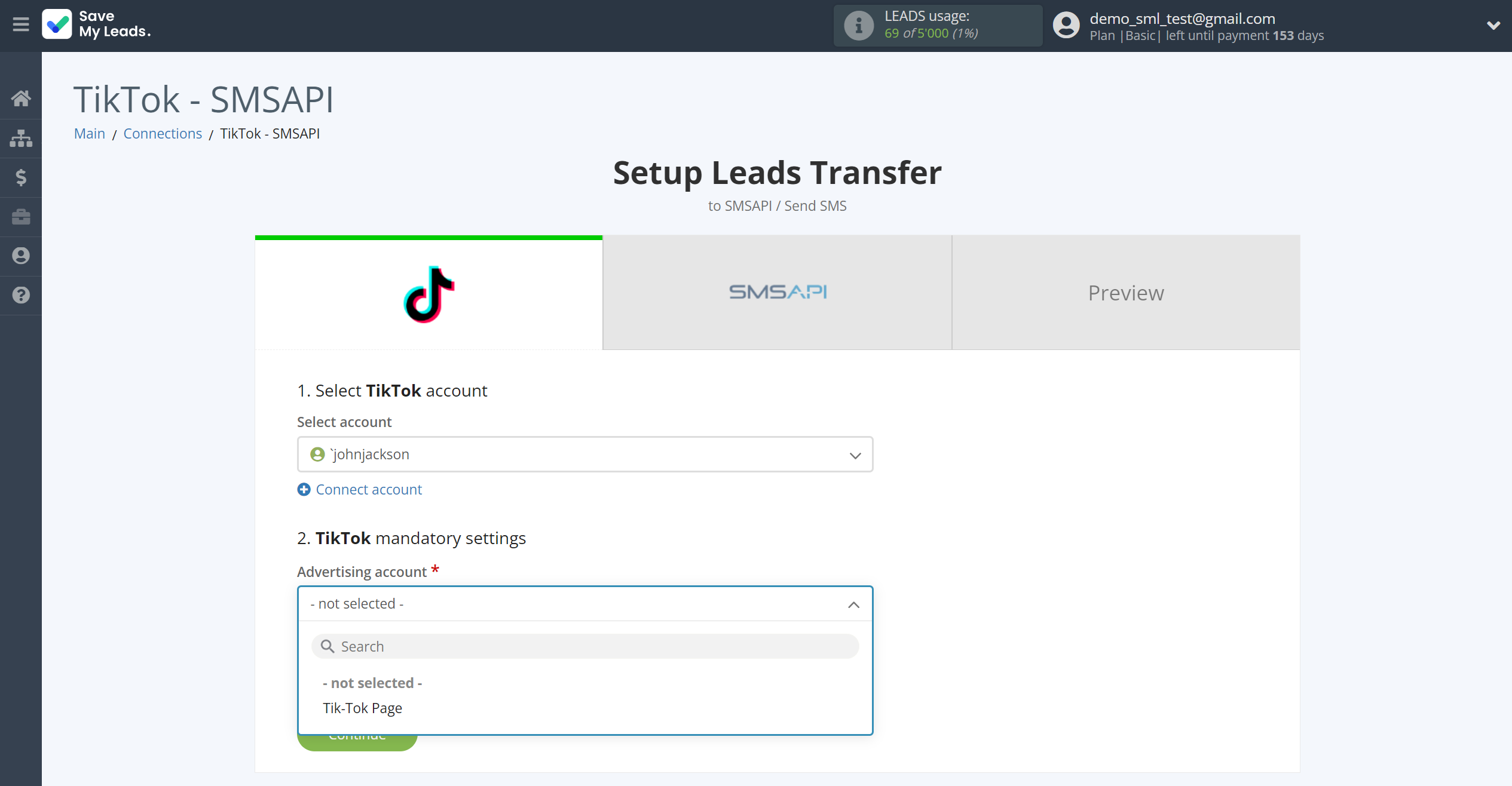 How to Connect TikTok with SMSAPI | Data Source account connection