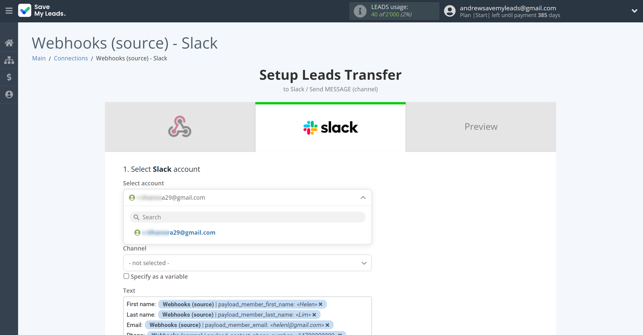 How to Connect Webhooks with Slack Channel Notification | Data Destination account selection