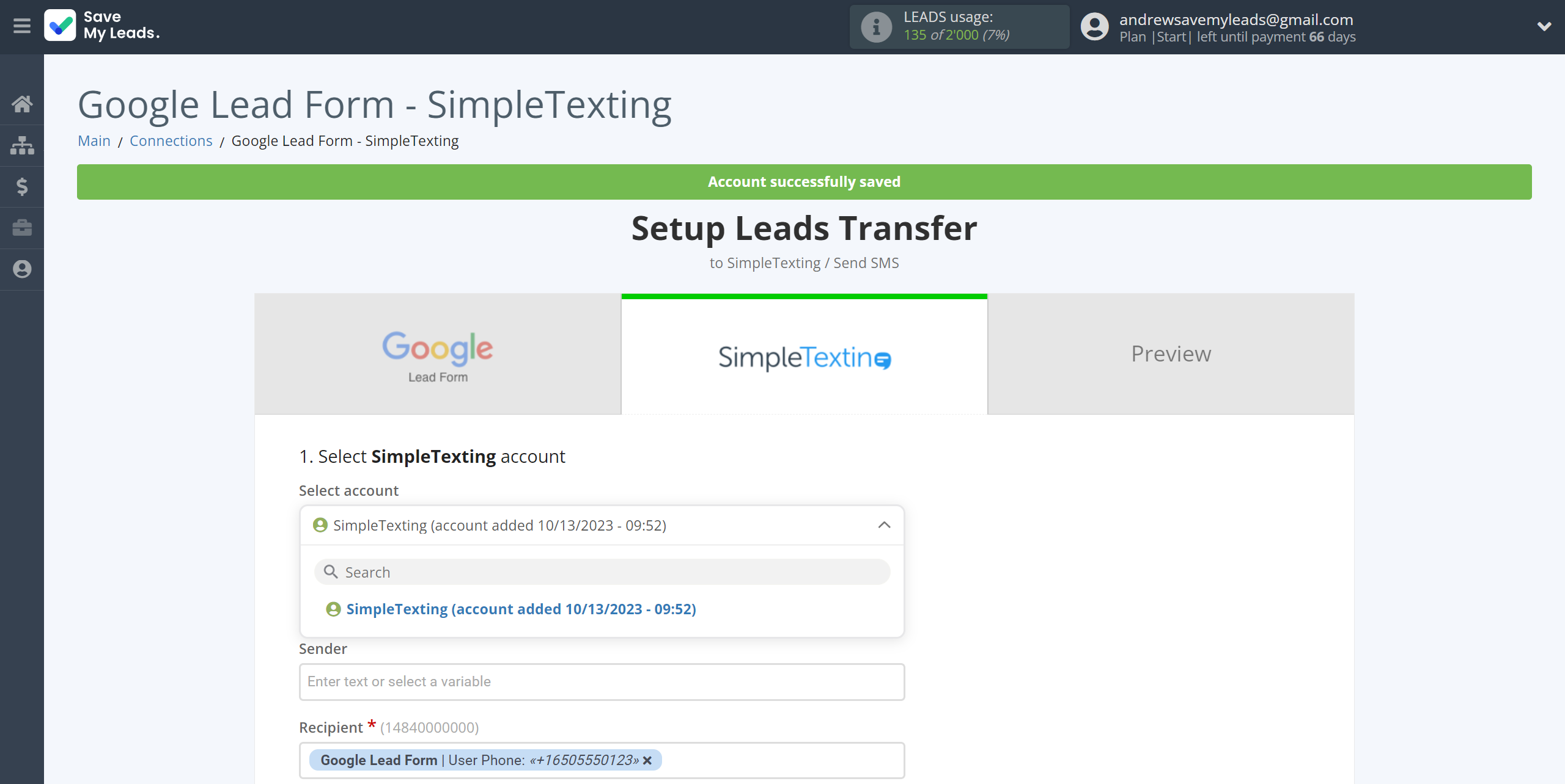 How to Connect Google Lead Form with SimpleTexting | Data Destination account selection