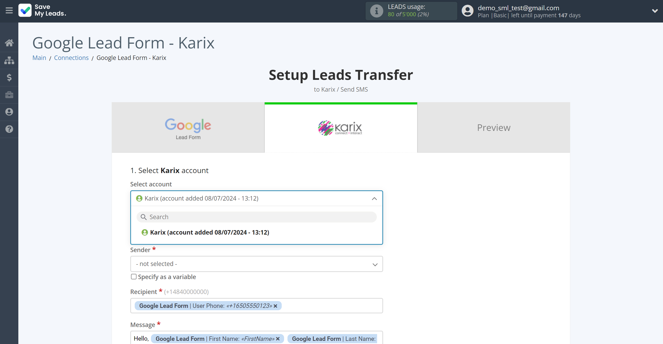 How to Connect Google Lead Form with Karix | Data Destination account selection