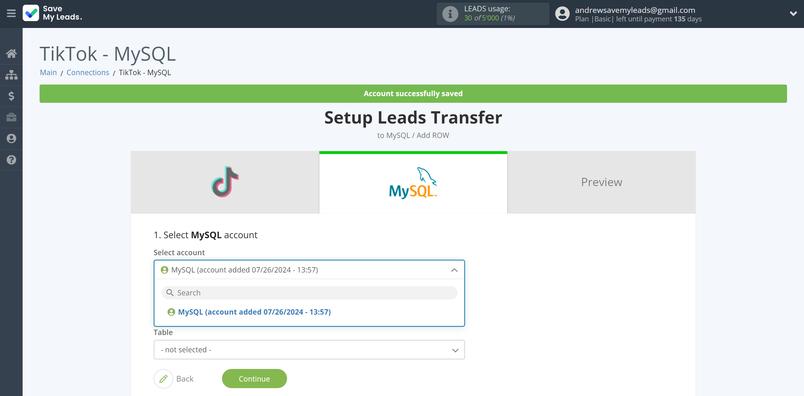 How to Connect TikTok with MySQL | Data Destination account selection