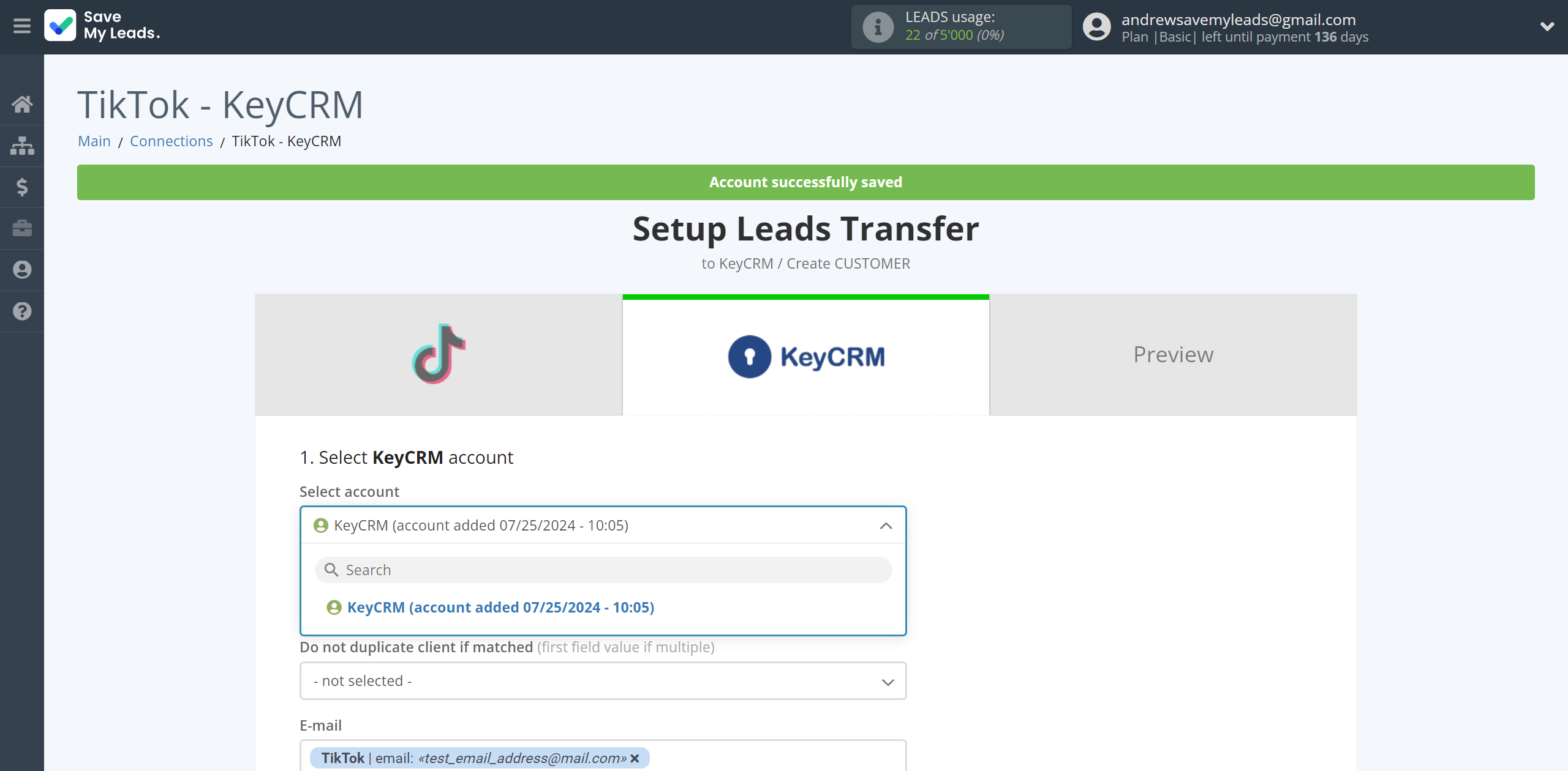 How to Connect TikTok with KeyCRM Create Customer | Data Destination account selection