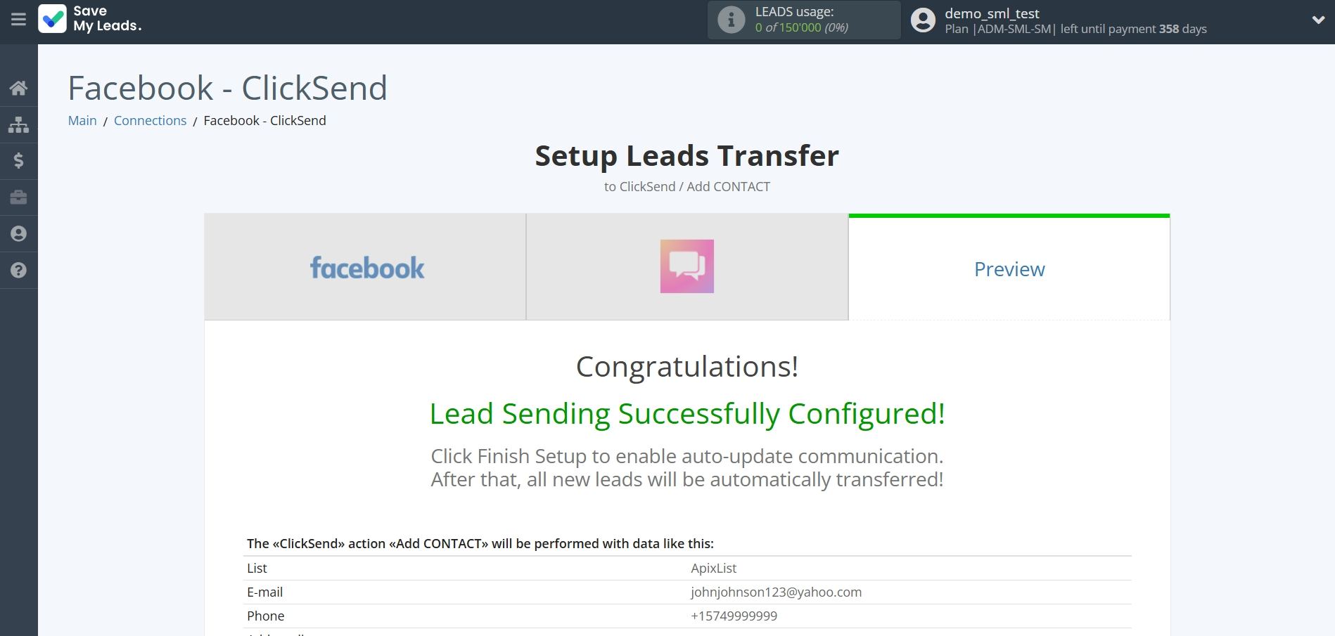 How to Connect Facebook with ClickSend Add Contacts | Test data