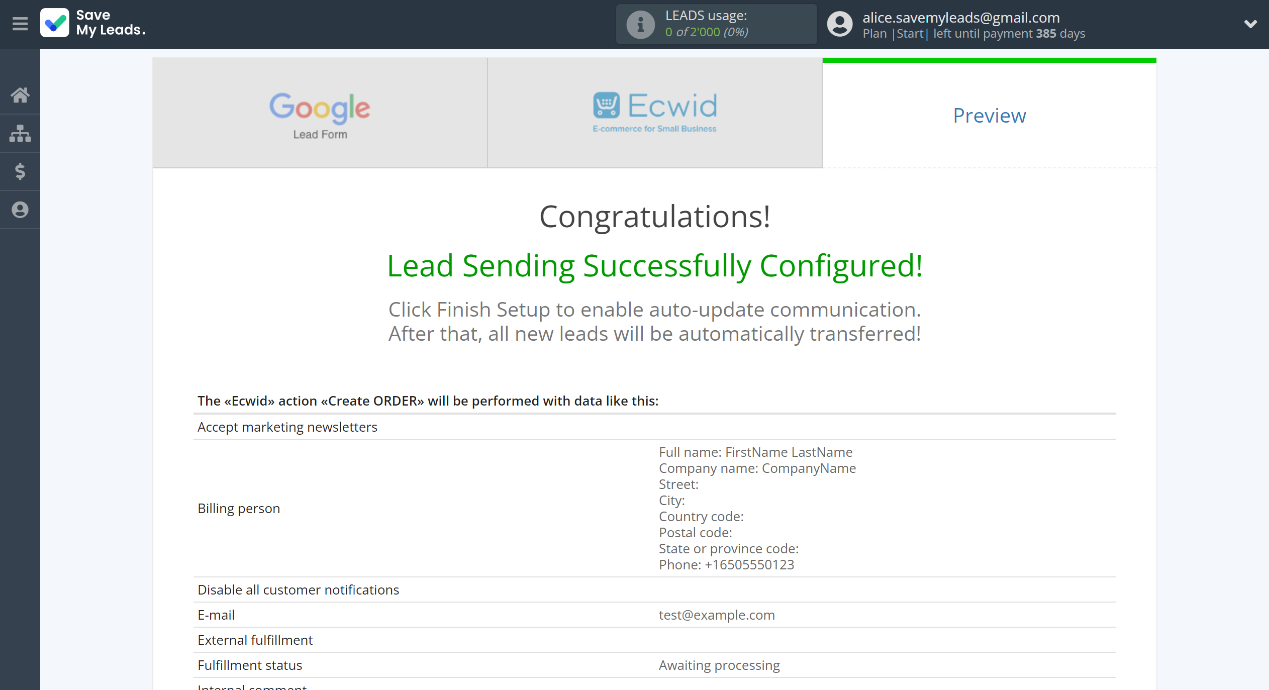 How to Connect Google Lead Form with Ecwid Create Order | Test data