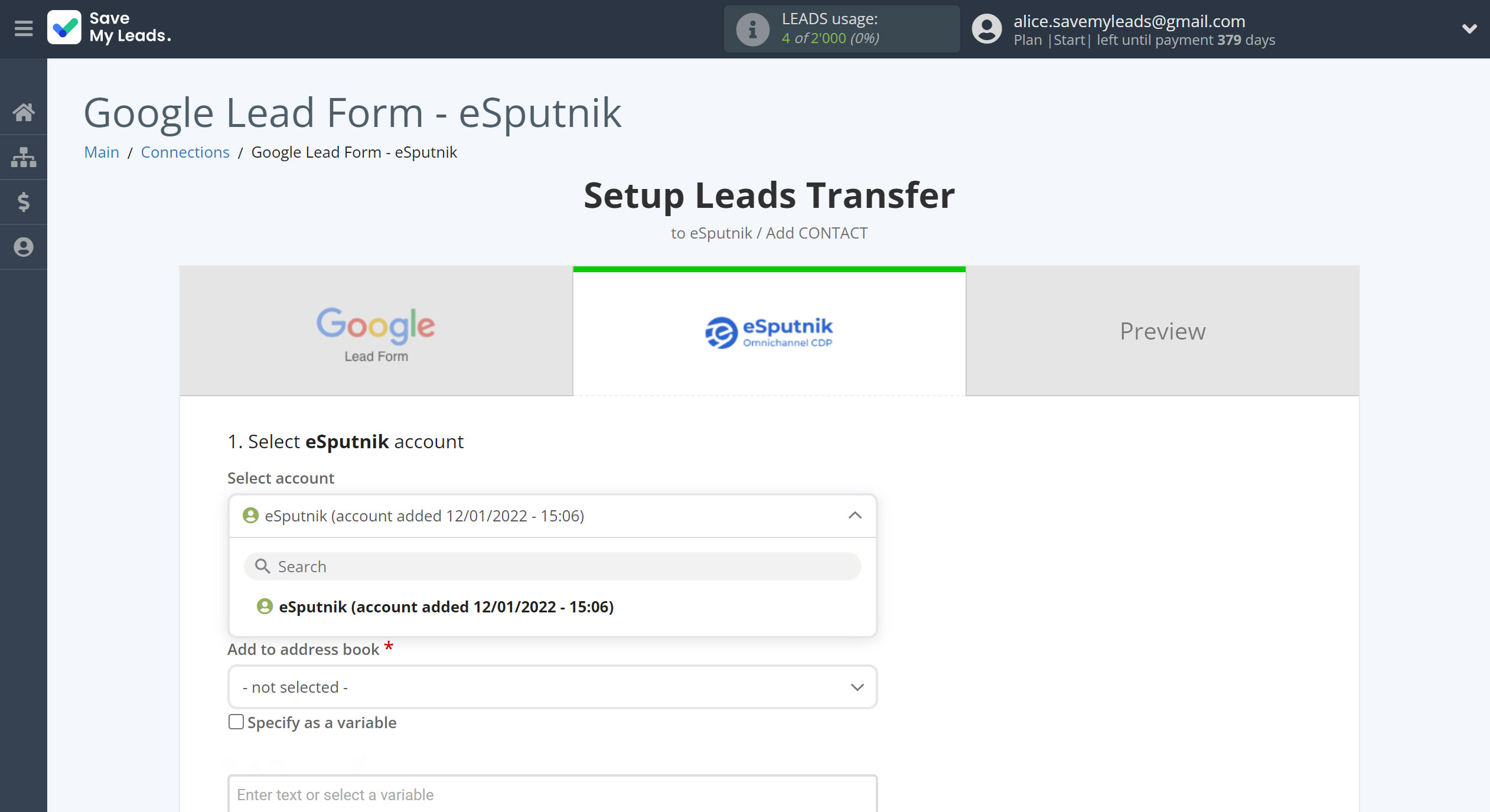 How to Connect Google Lead Form with eSputnik Add Contacts | Data Destination account selection