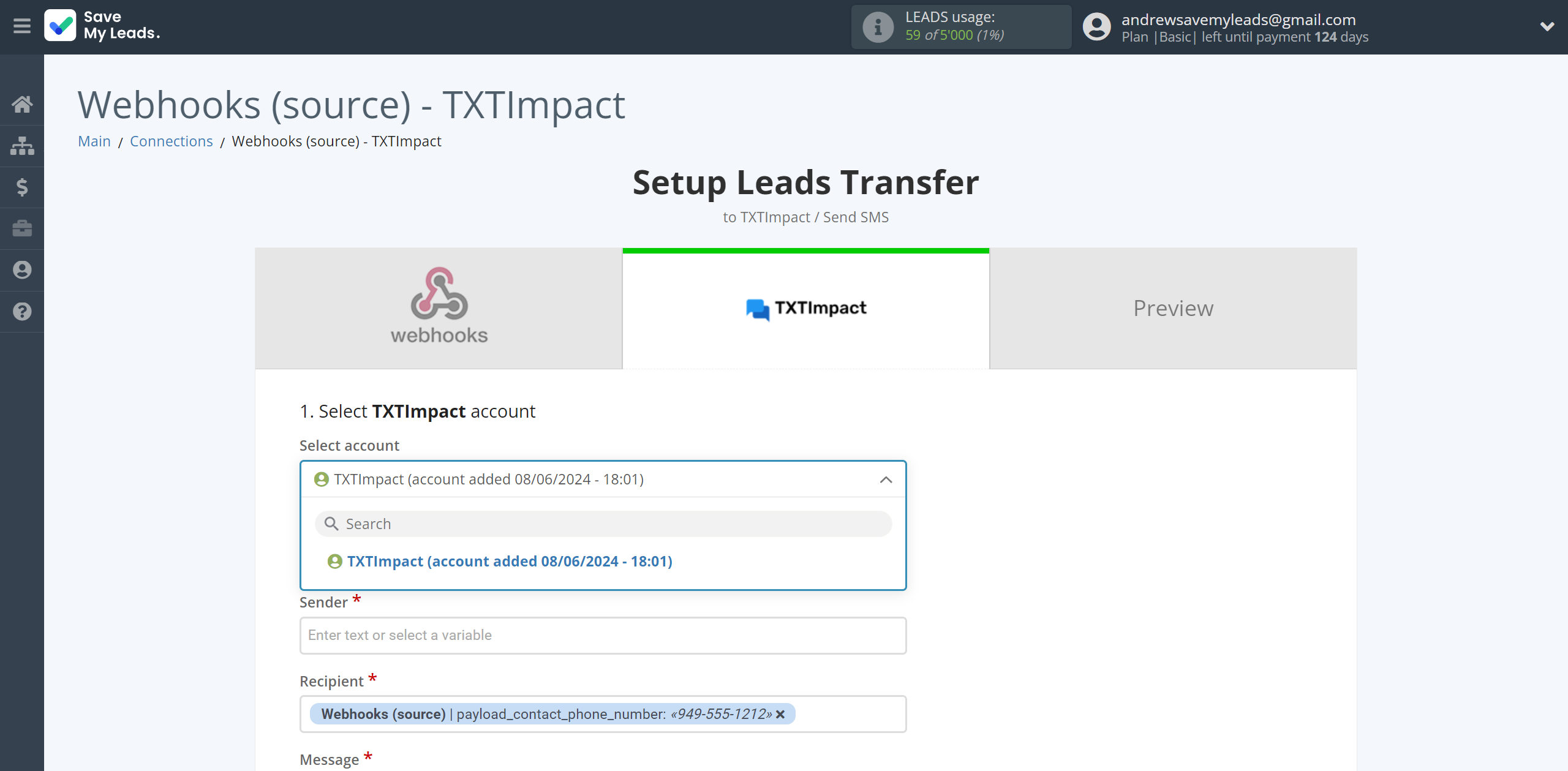 How to Connect Webhooks with TXTImpact | Data Destination account selection