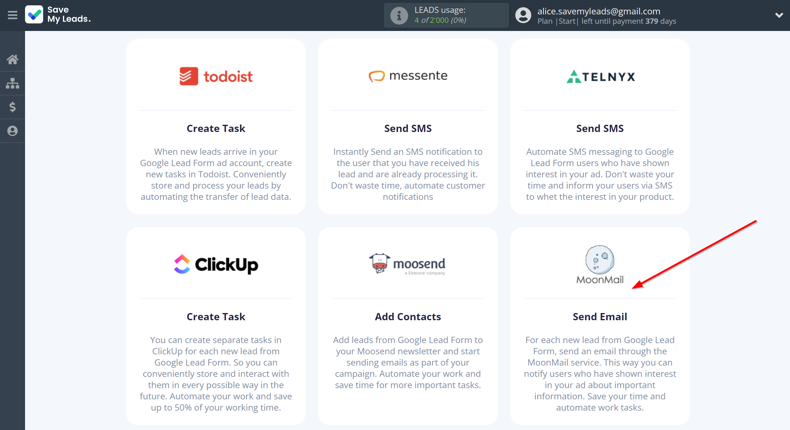 How to Connect Google Lead Form with MoonMail | Data Destination system selection