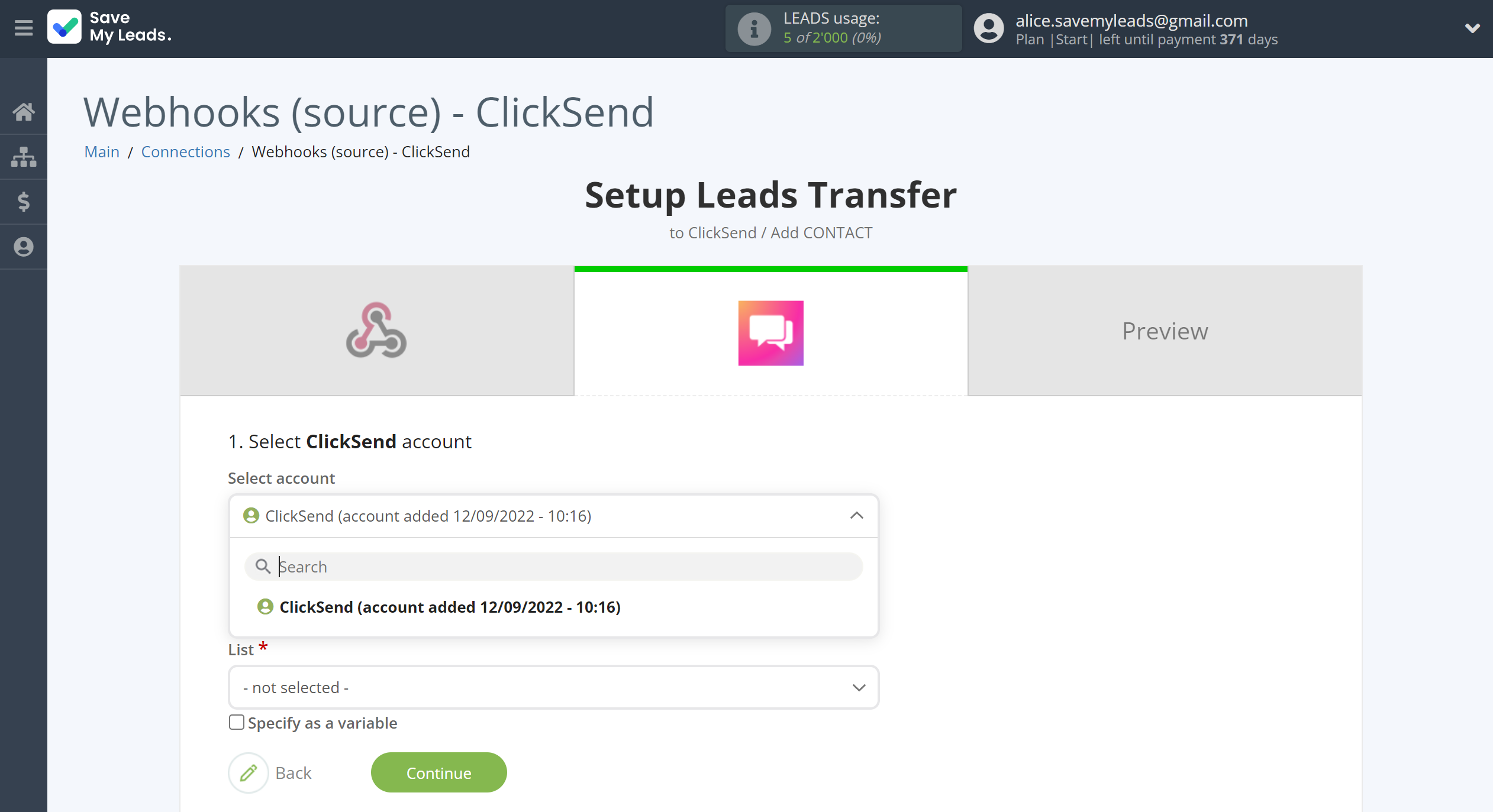 How to Connect Webhooks with ClickSend Add Contacts | Data Destination account selection