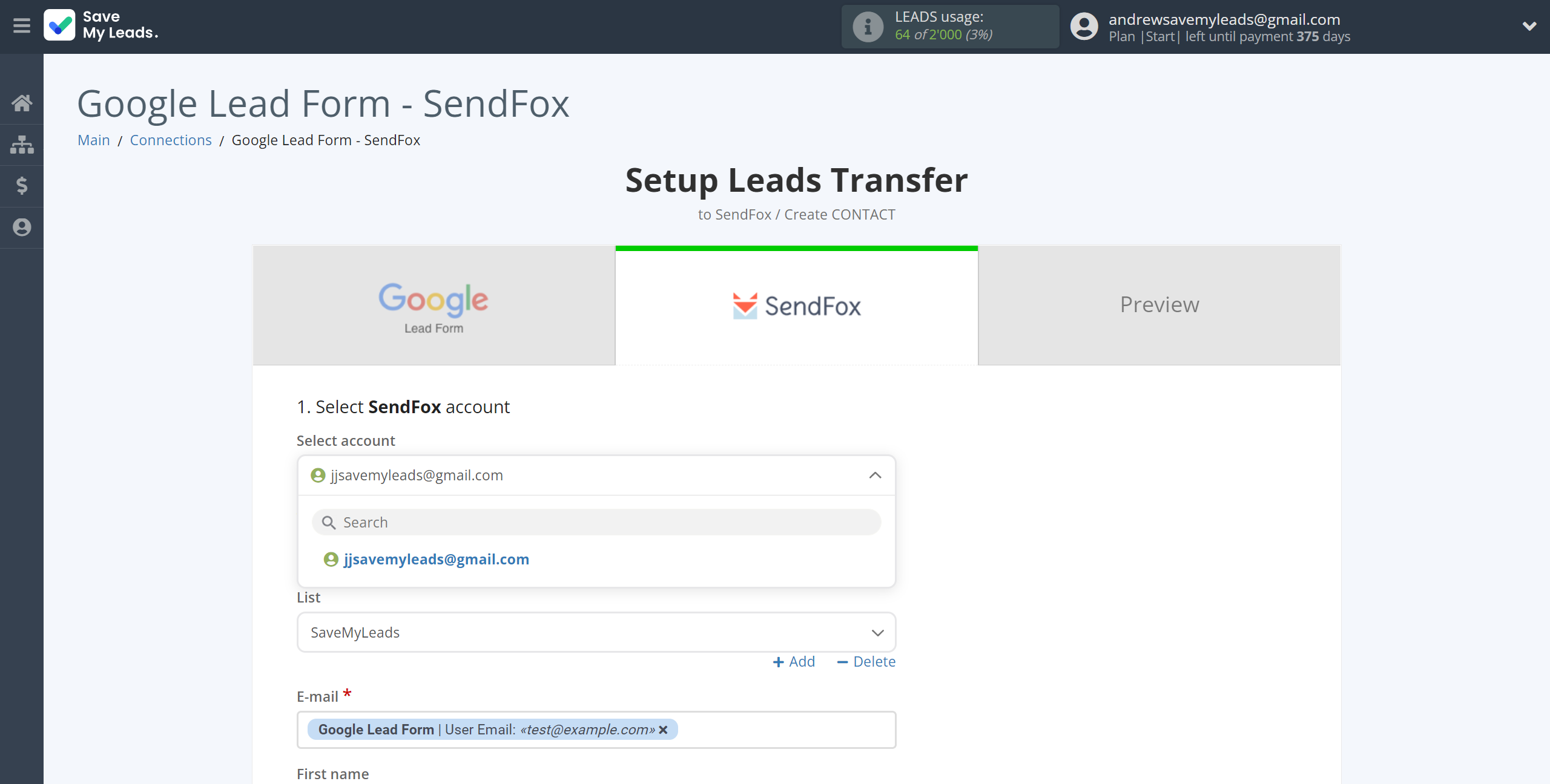 How to Connect Google Lead Form with SendFox | Data Destination account selection