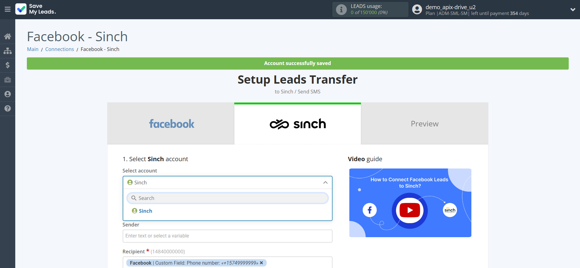 How to Connect Facebook with Sinch | Data Destination account selection How to Connect Facebook with Sinch | Data Destination account selection