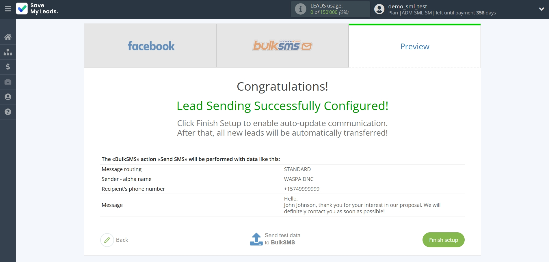 How to Connect Facebook with BulkSMS | Test data
