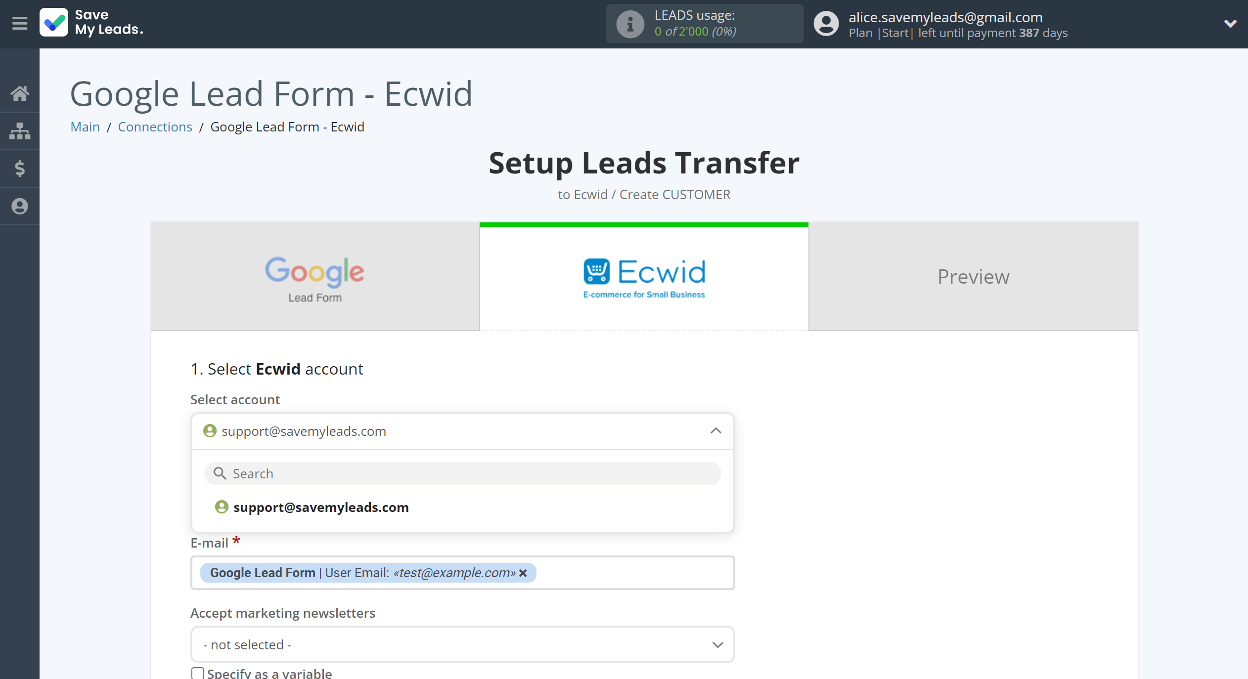 How to Connect Google Lead Form with&nbsp;Ecwid Create Customers | Data Destination account selection