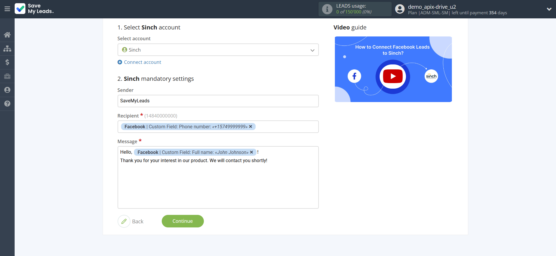 How to Connect Facebook with Sinch | Assigning fields How to Connect Facebook with Sinch | Assigning fields