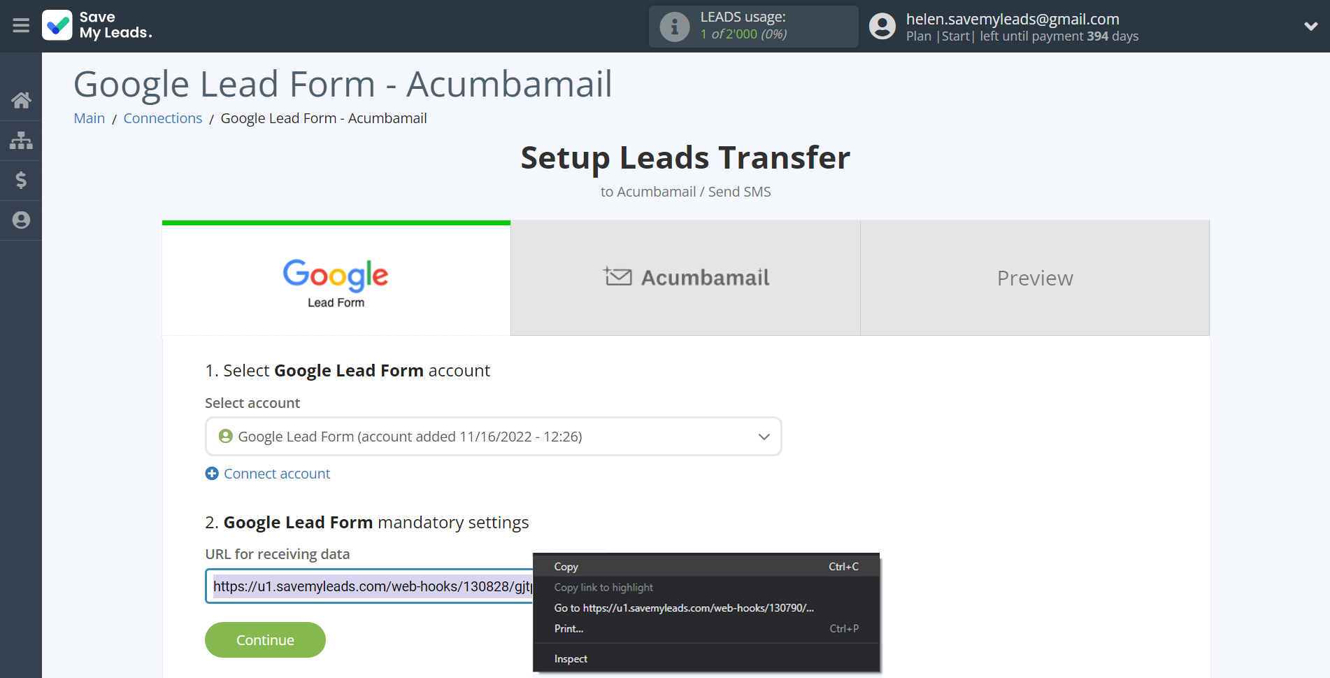 How to Connect Google Lead Form with Acumbamail Send SMS | Data Source account connection