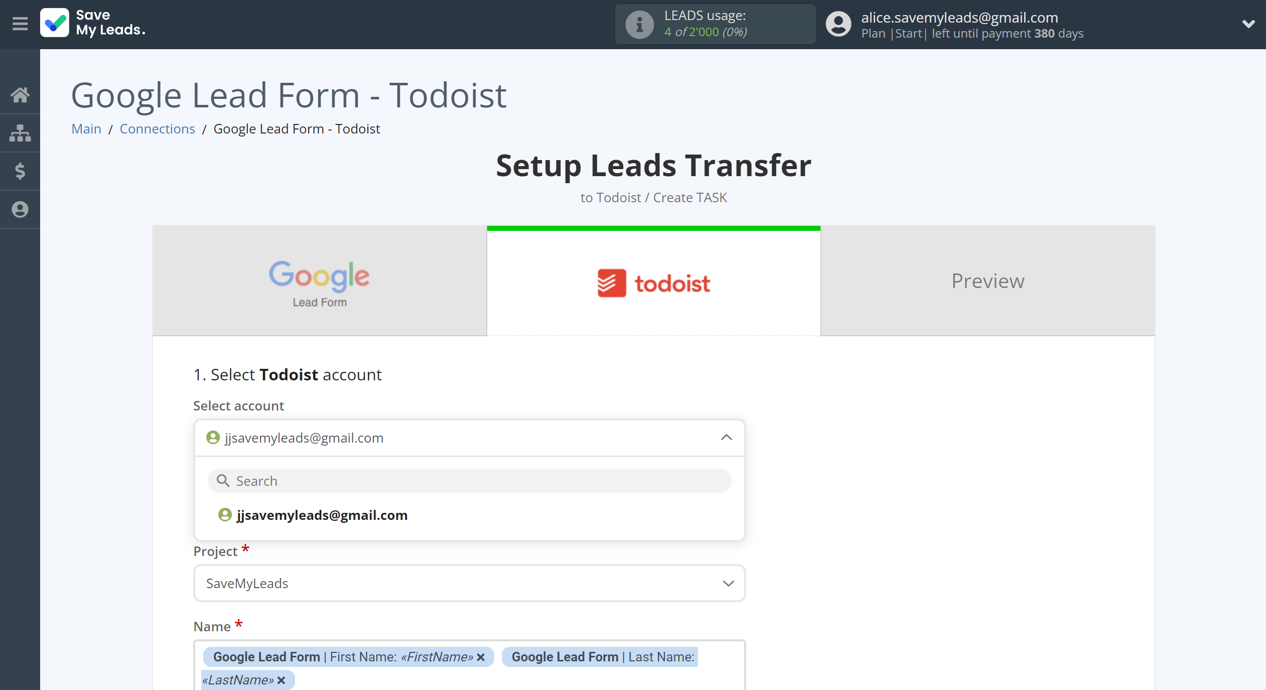 How to Connect Google Lead Form with Todoist | Data Destination account selection