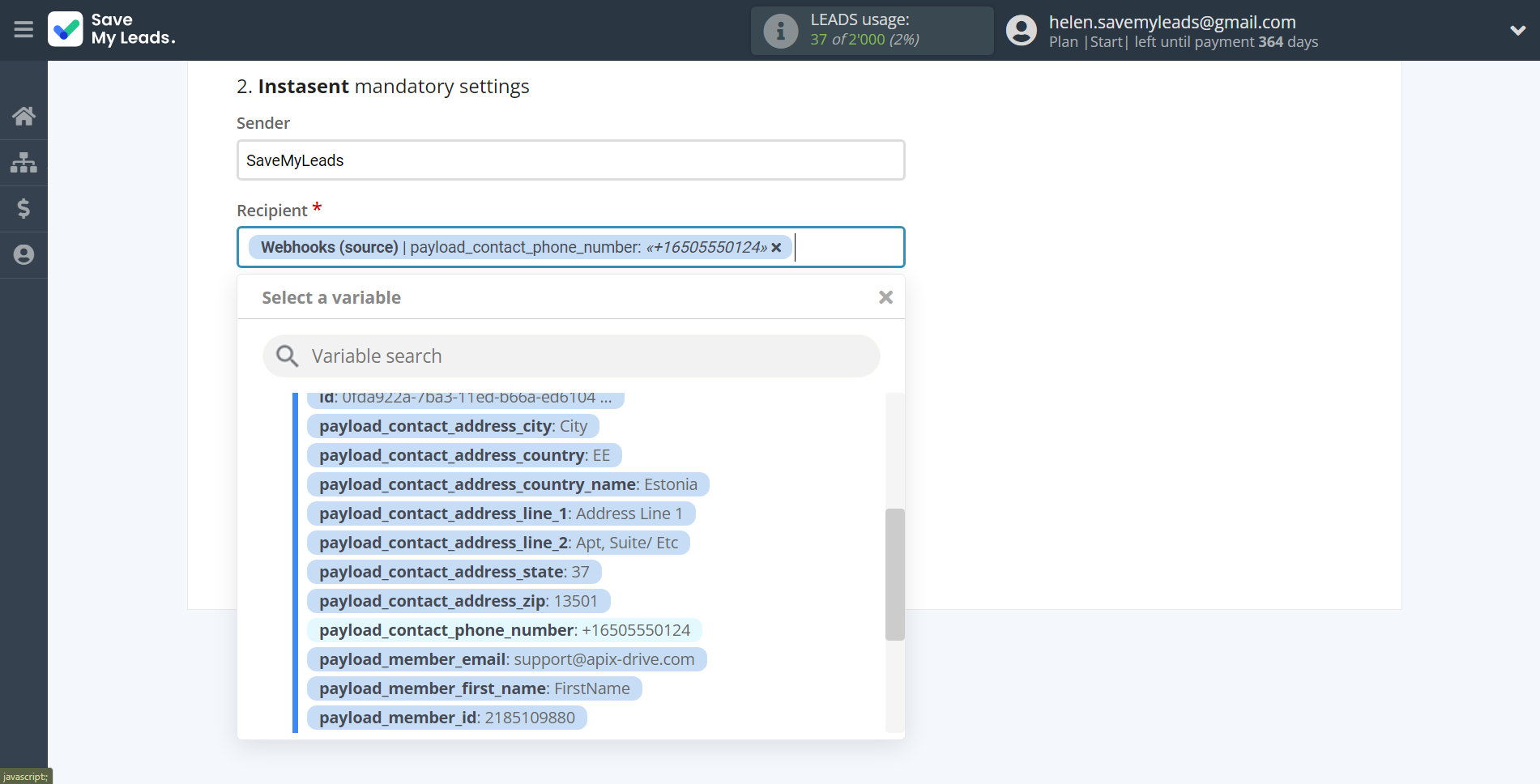 How to Connect Webhooks with Instasent | Assigning fields