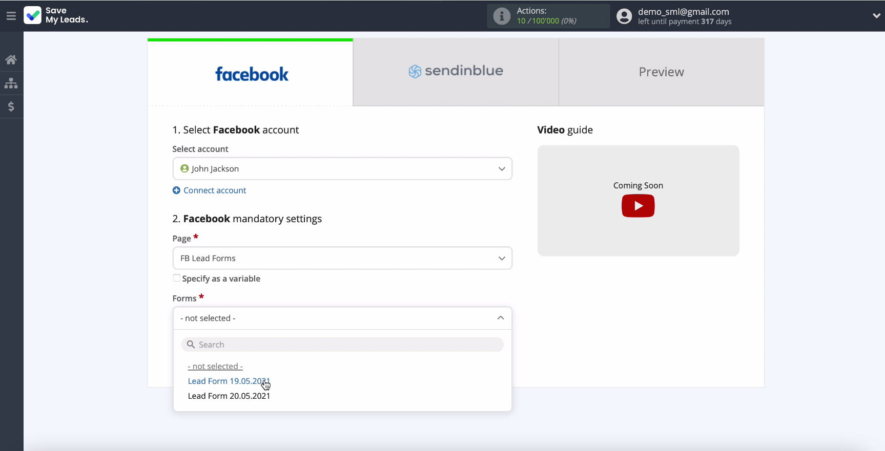 Facebook and Sendinblue integration | Specify the form to upload data