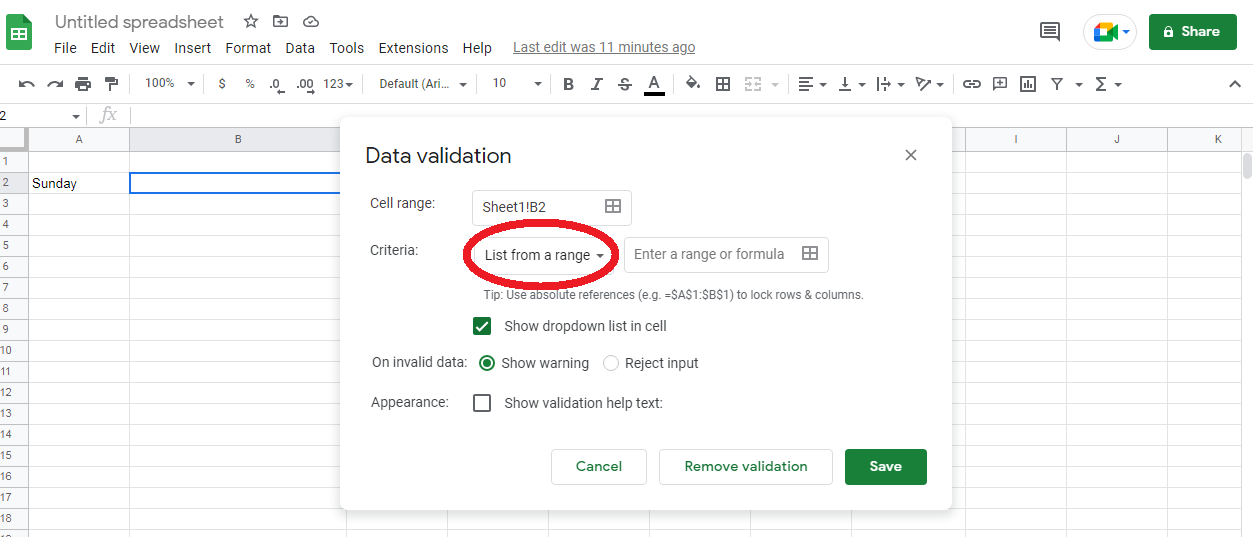 How to Create Drop Down List in Google Sheets | Establish the parameter “List from a range”