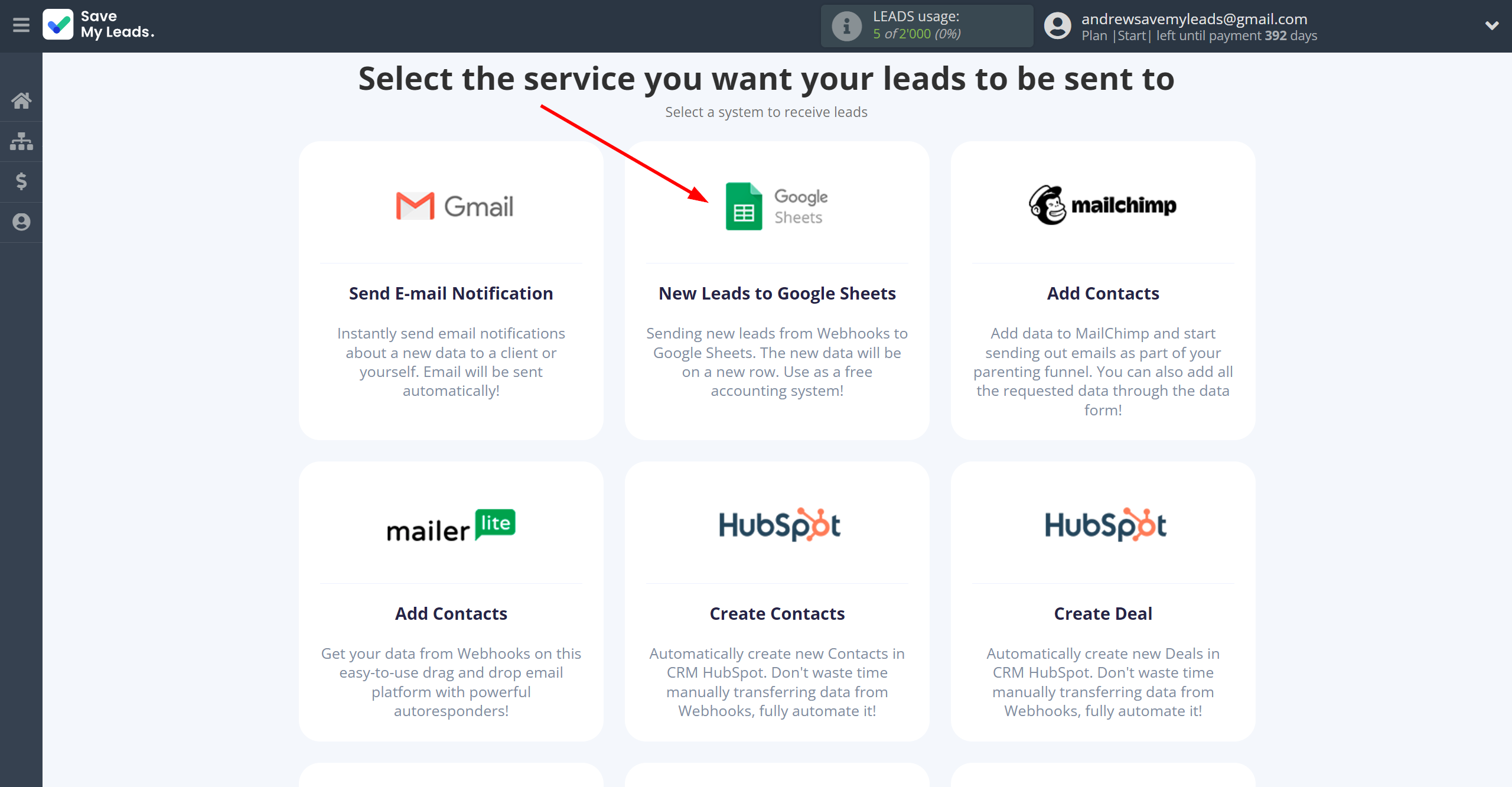 How to Connect Webhooks with Google Sheets | Data Destination system selection