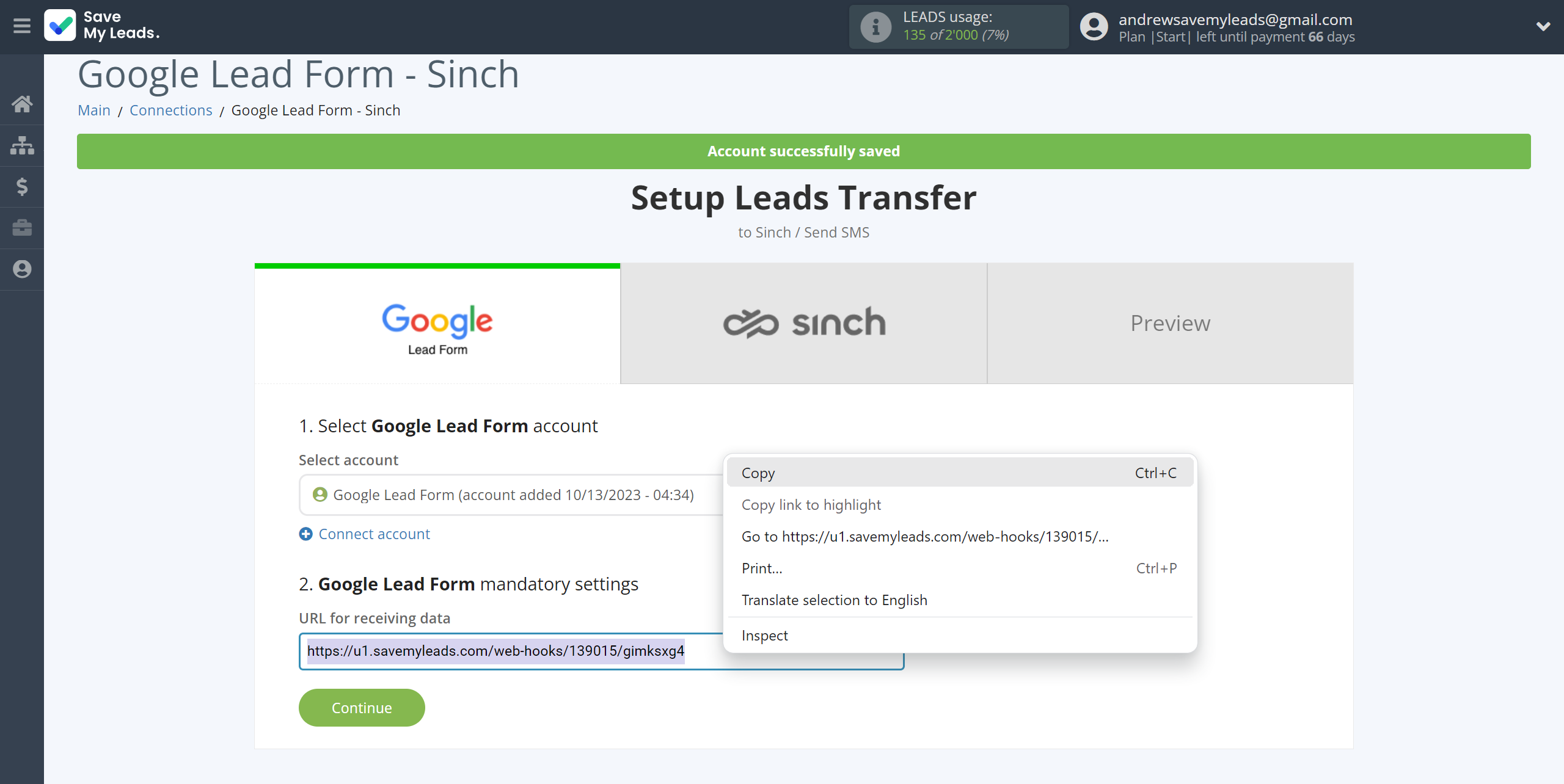 How to Connect Google Lead Form with Sinch | Data Source account connection