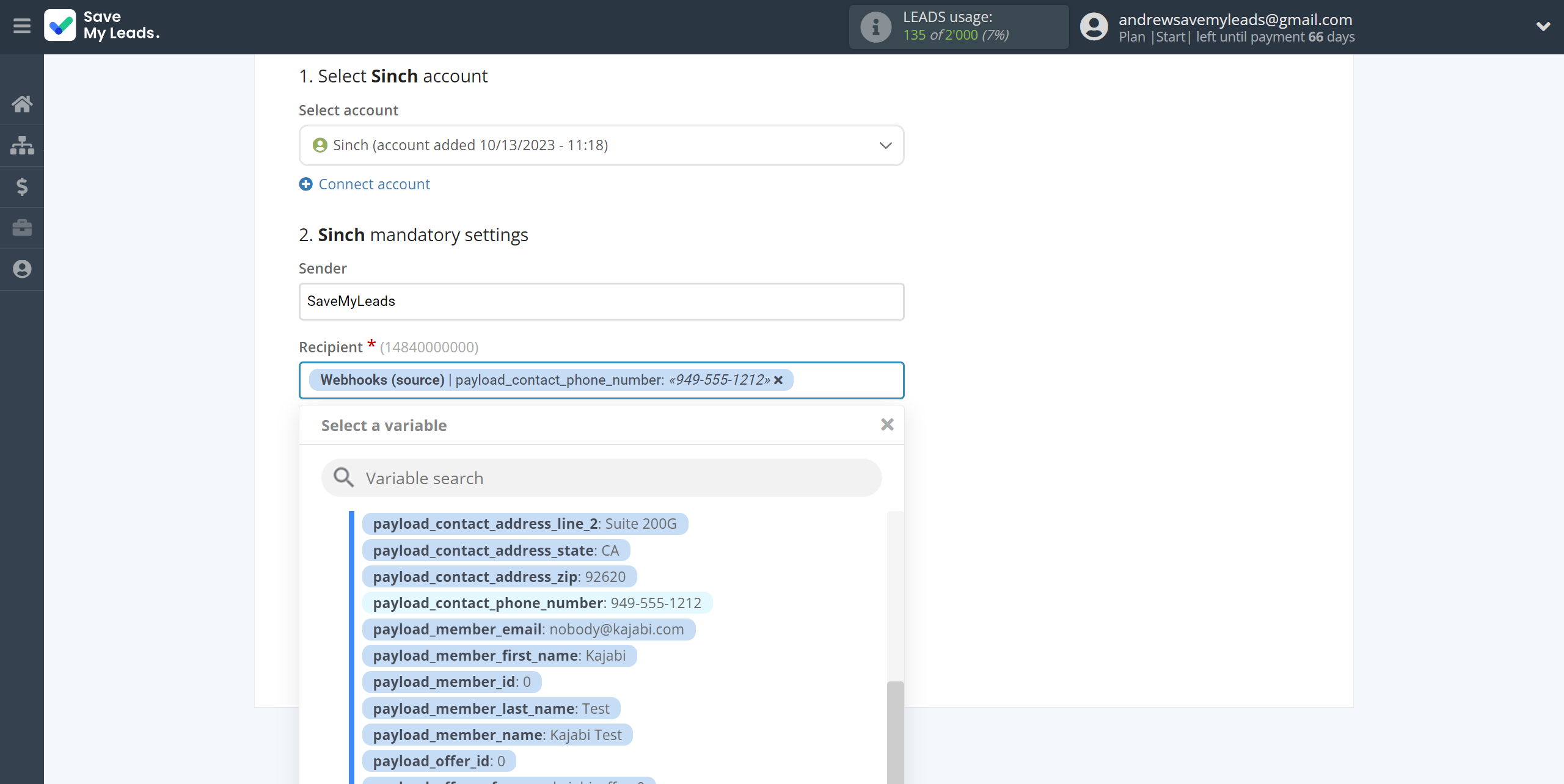 How to Connect Webhooks with Sinch | Assigning fields