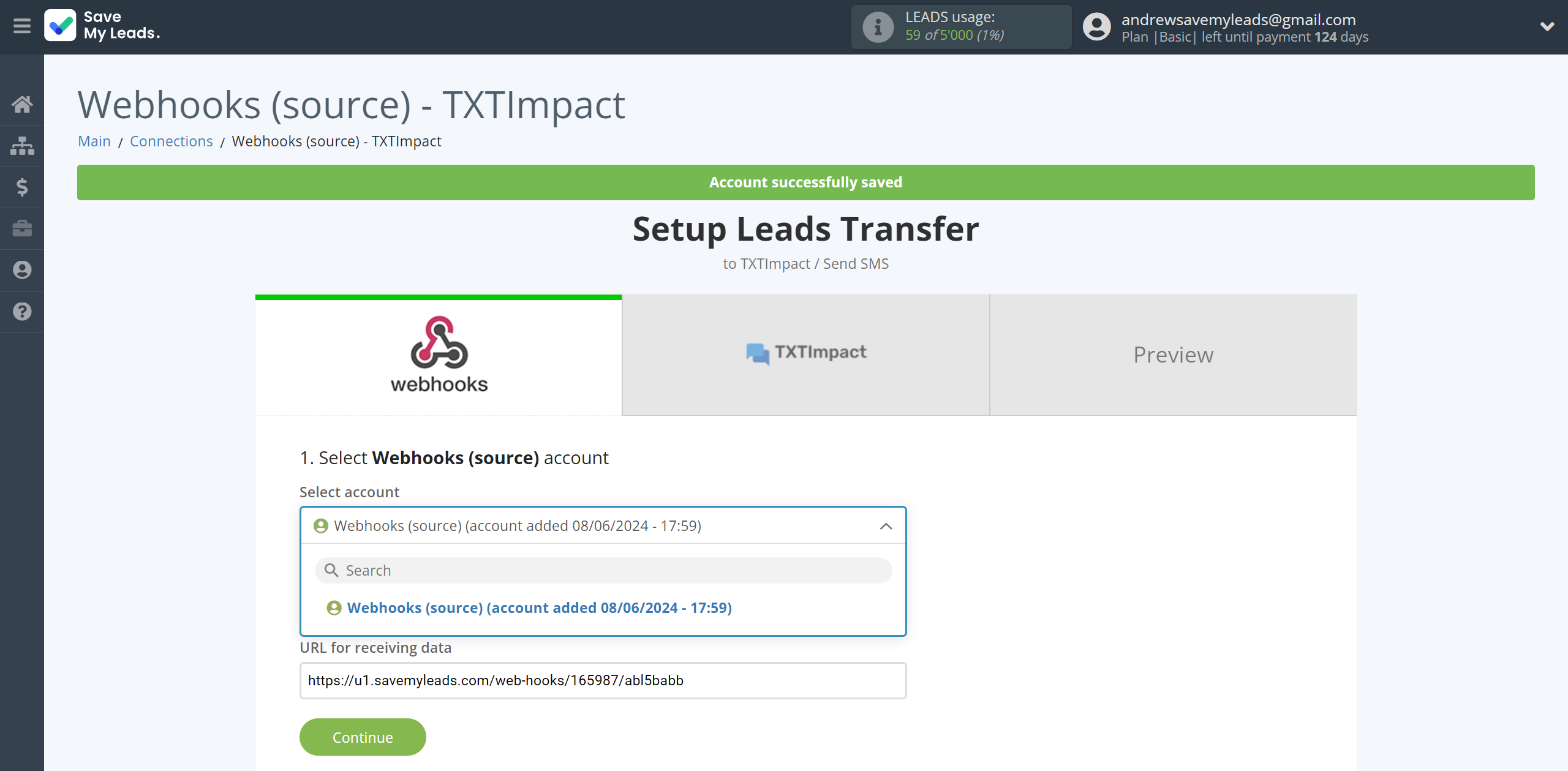 How to Connect Webhooks with TXTImpact | Data Source account selection