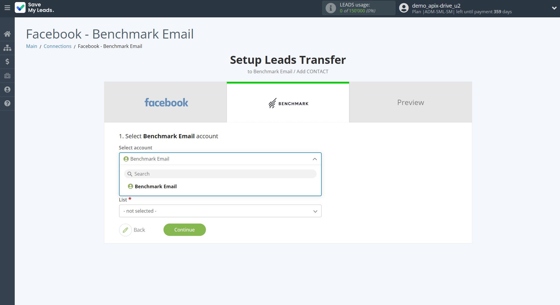 How to Connect Facebook with Benchmark Email | Data Destination account selection