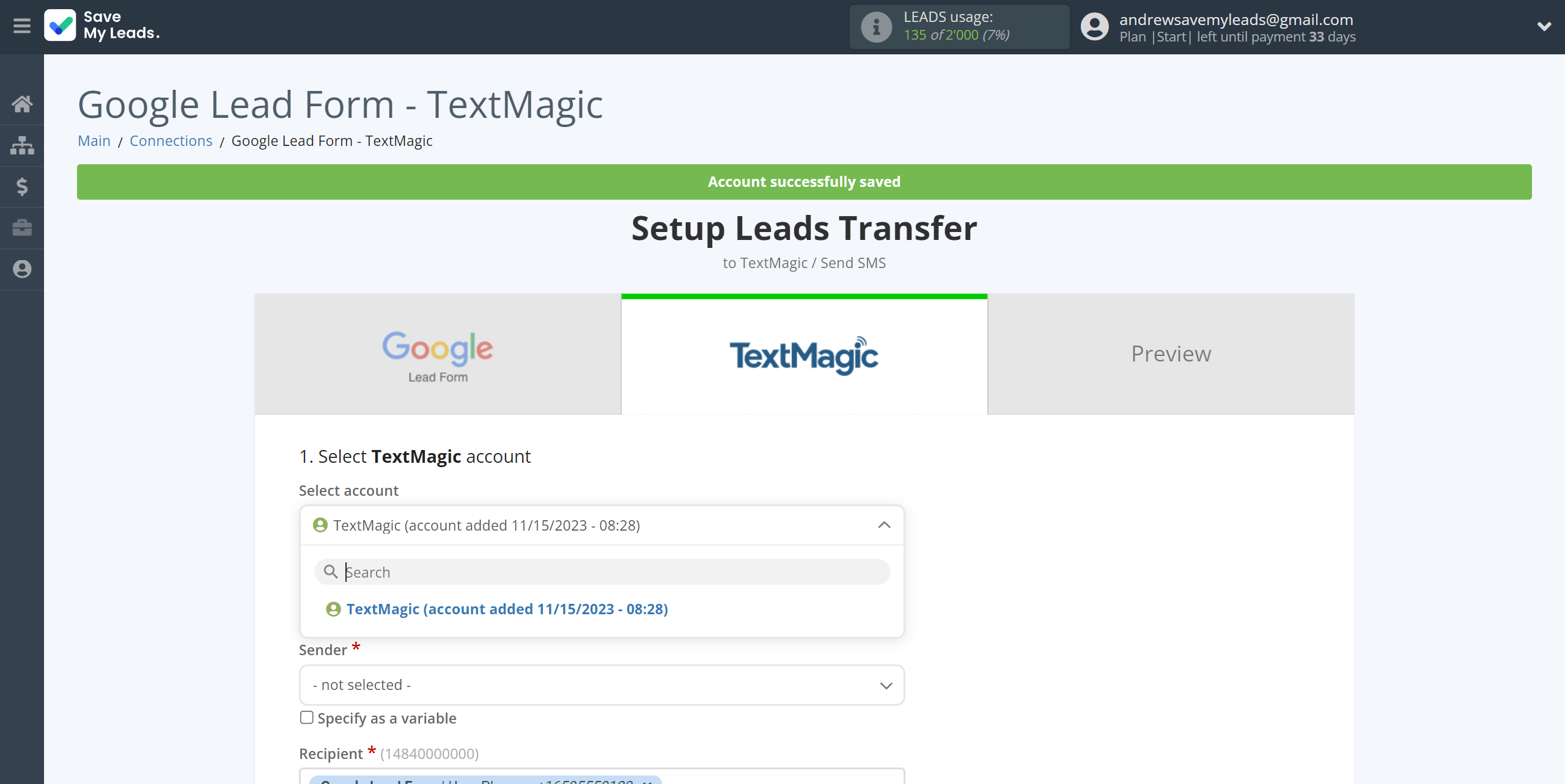 How to Connect Google Lead Form with TextMagic | Data Destination account selection