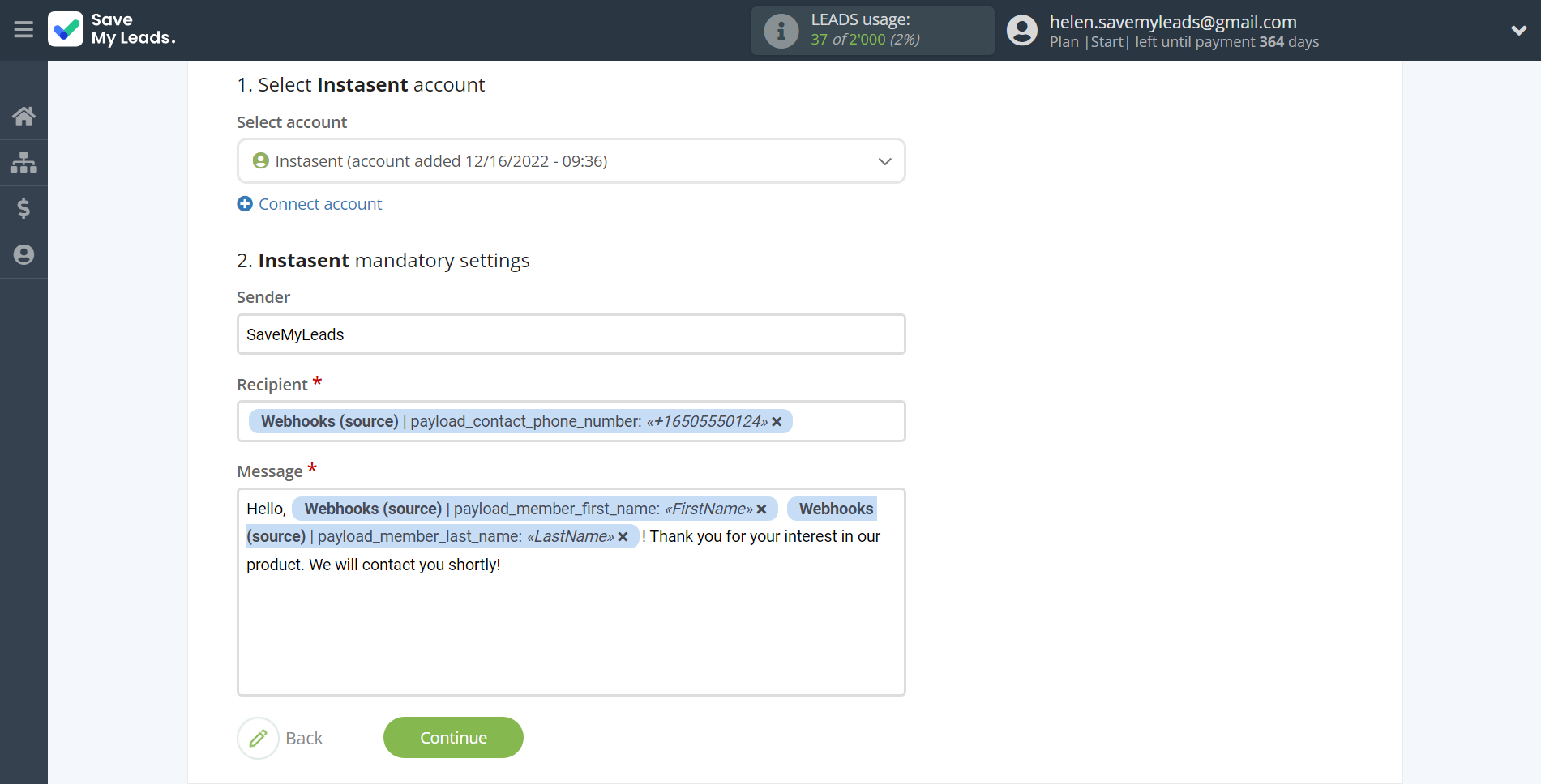 How to Connect Webhooks with Instasent | Assigning fields