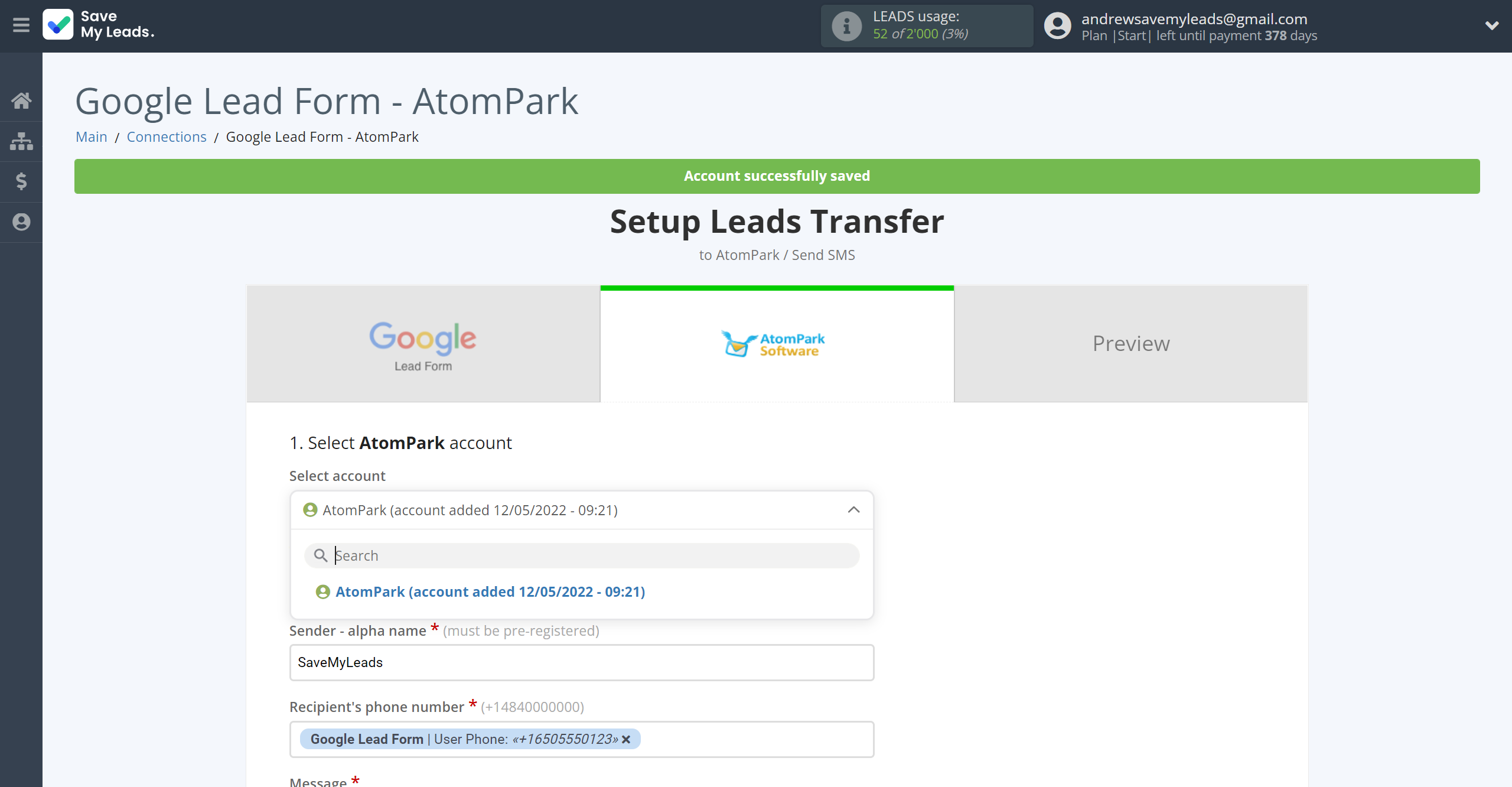 How to Connect Google Lead Form with AtomPark | Data Destination account selection