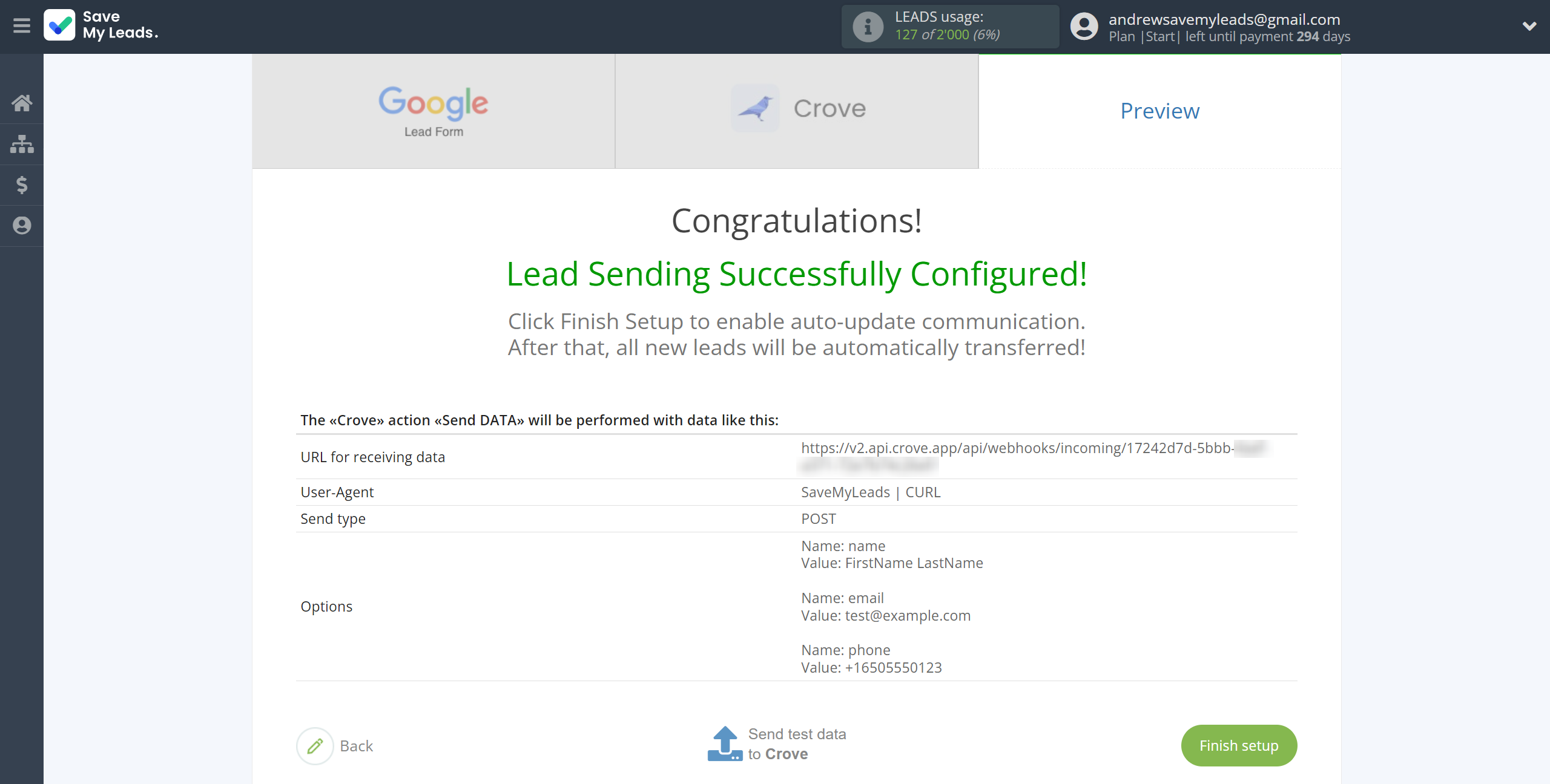 How to Connect Google Lead Form with Crove | Test data