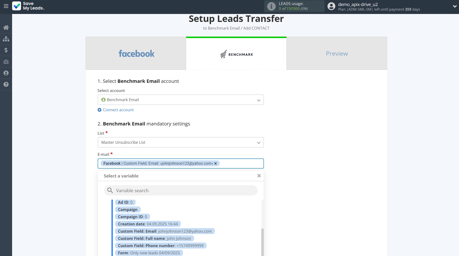 How to Connect Facebook with Benchmark Email | Assigning fields