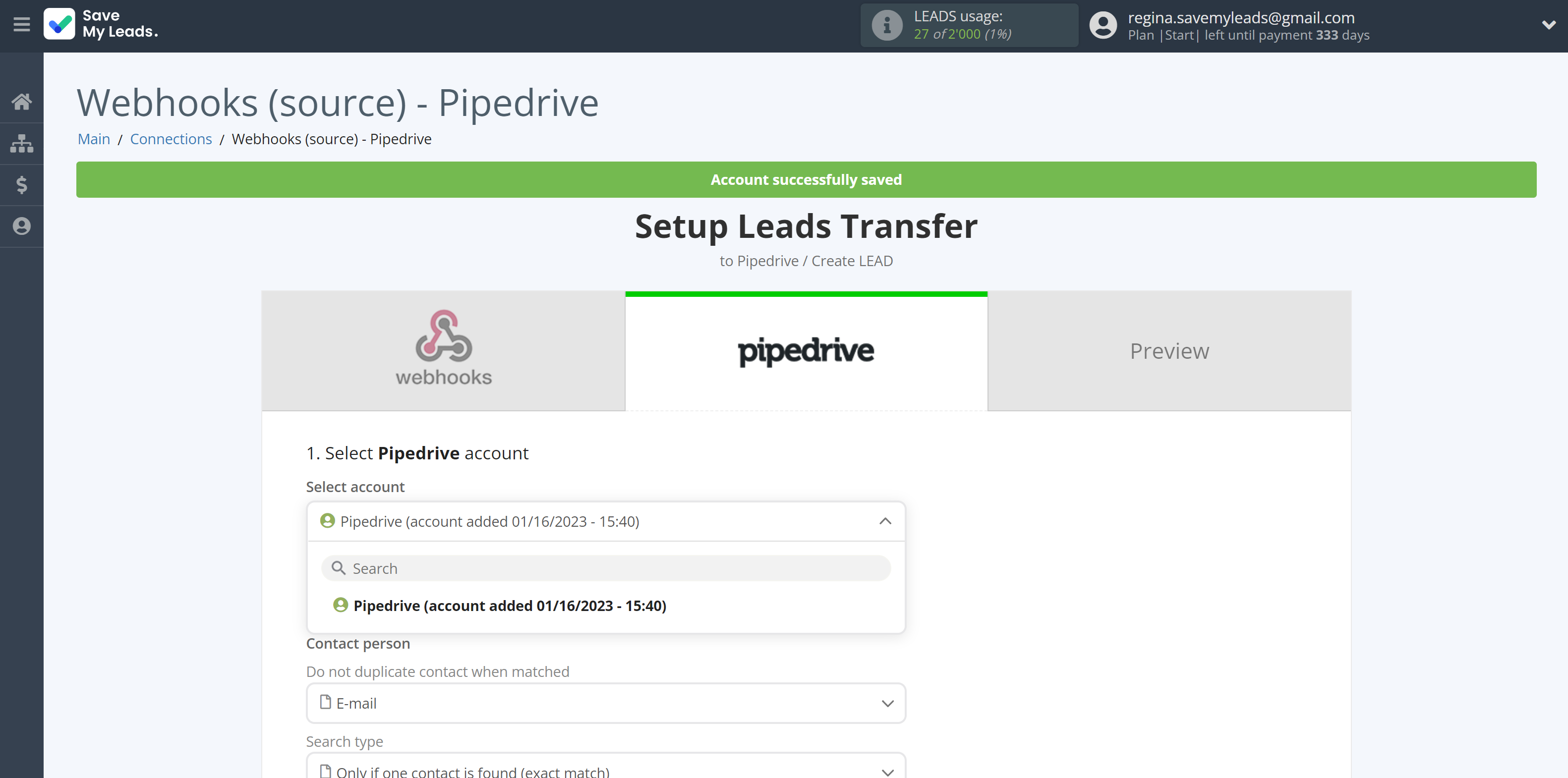 How to Connect Webhooks with Pipedrive Create Lead | Data Destination account selection