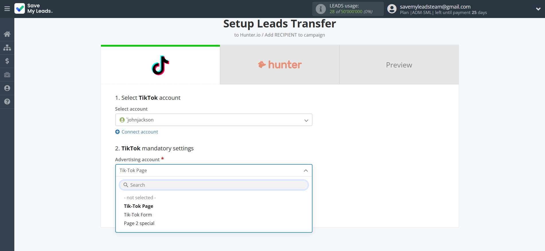 How to Connect TikTok with Hunter.io Create Contact | Data Source account connection