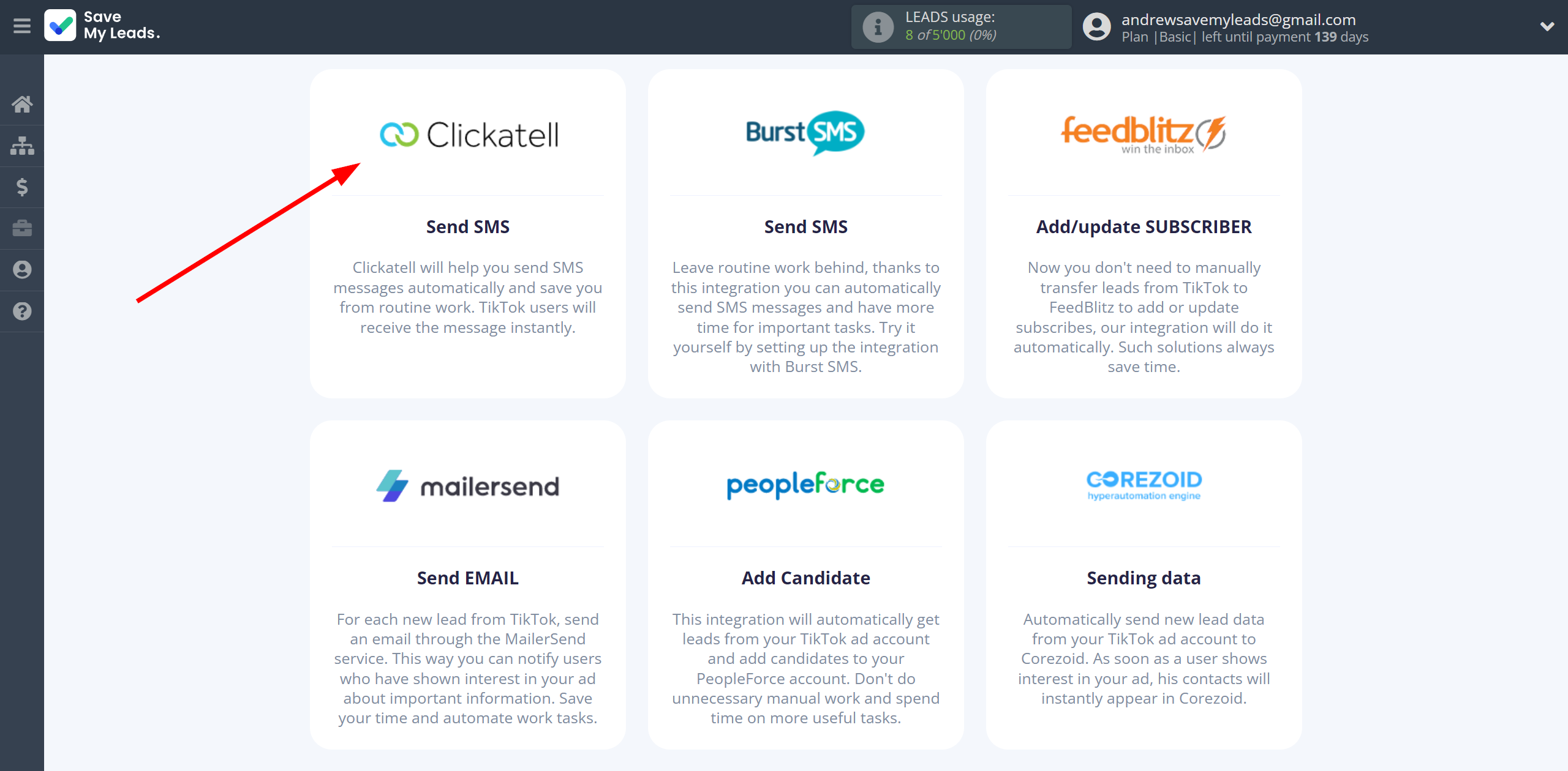 How to Connect TikTok with Clickatell | Data Destination system selection