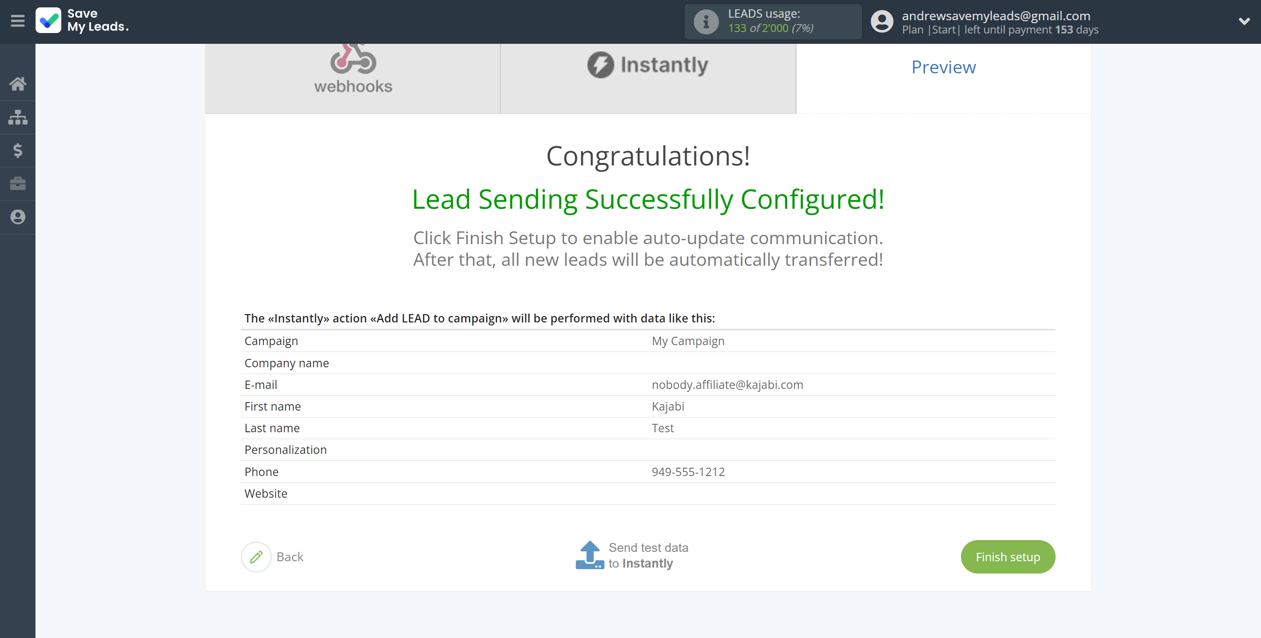 How to Connect Webhooks with Instantly Add lead to campaign | Test data