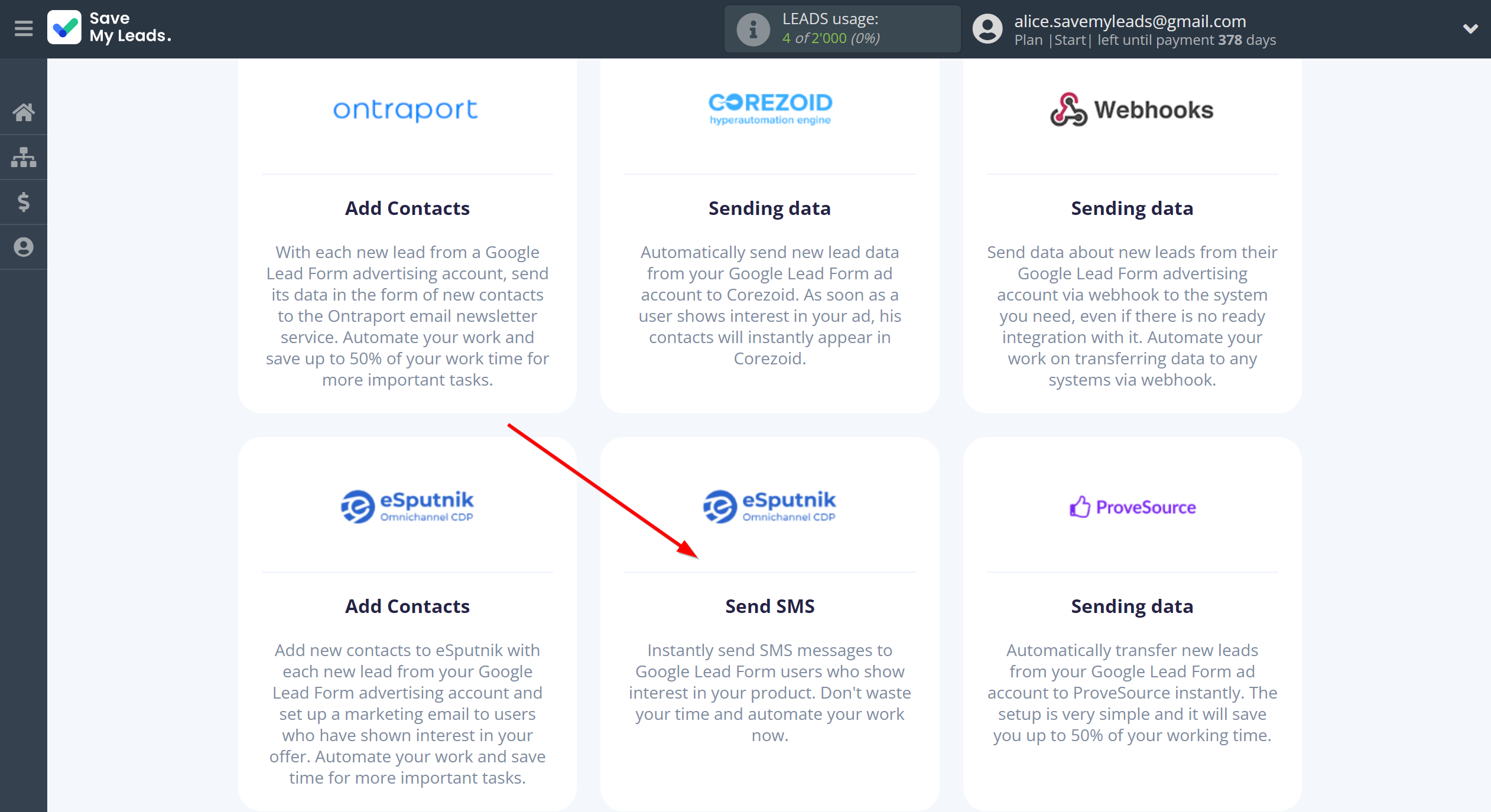 How to Connect Google Lead Form with eSputnik Send SMS| Data Destination system selection