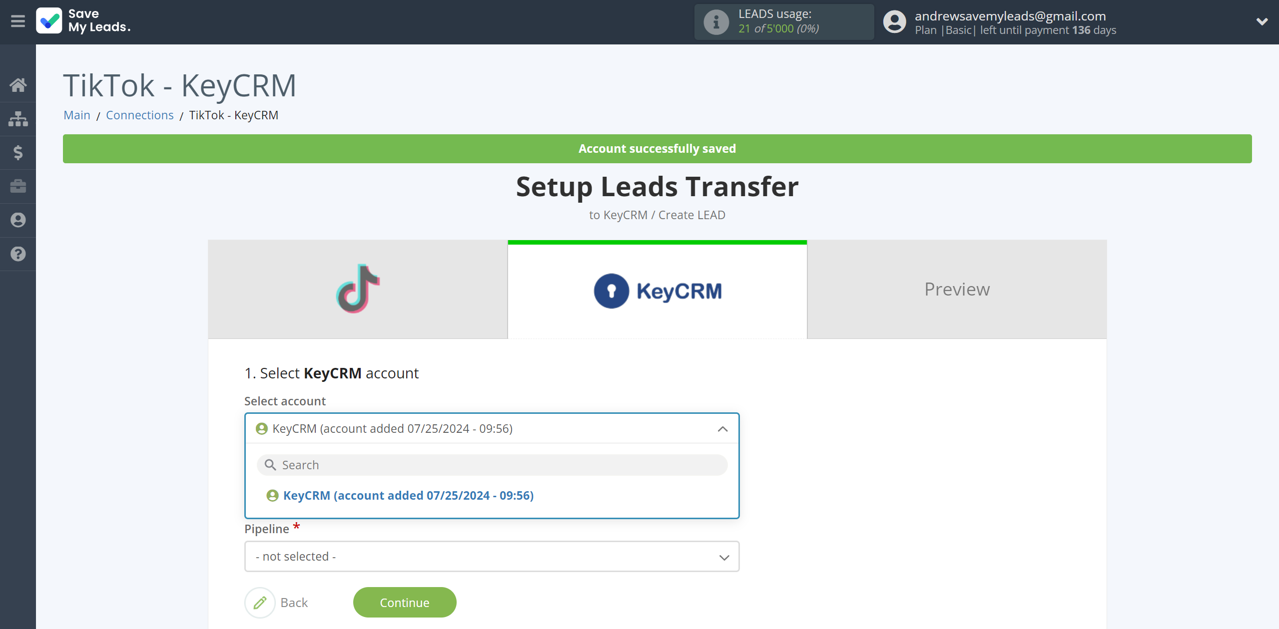 How to Connect TikTok with KeyCRM Create Lead | Data Destination account selection