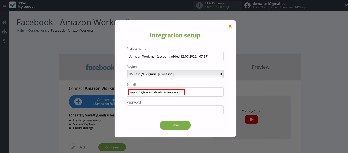 Facebook and Amazon WorkMail integration | Insert Email