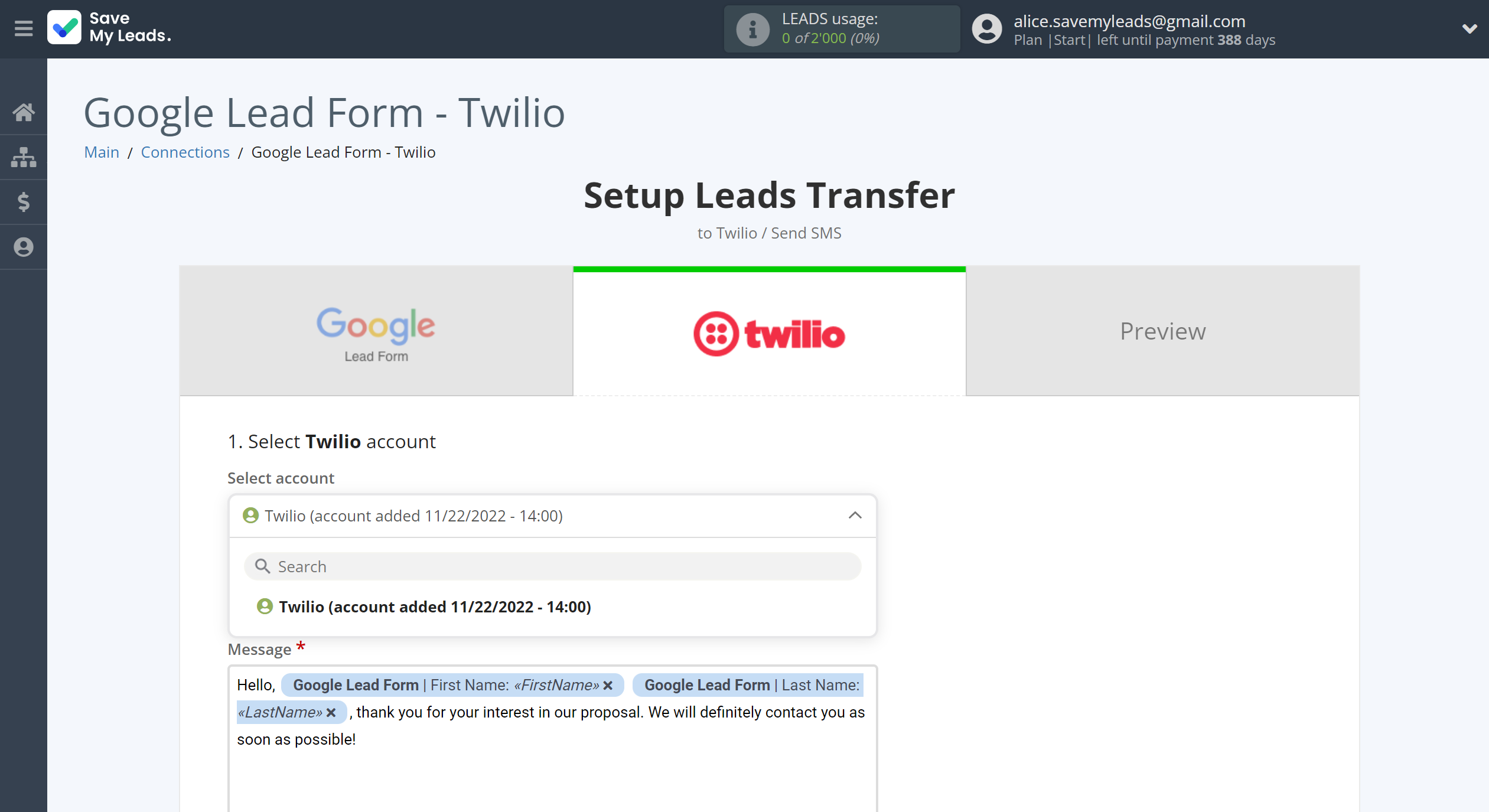 How to Connect Google Lead Form with Twilio | Data Destination account selection