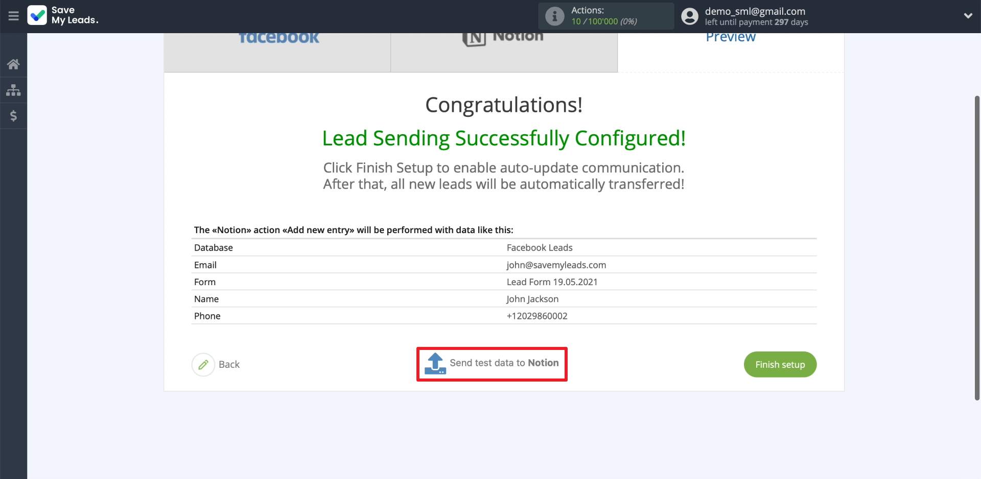 How to set up the upload of new leads from your Facebook ad account to Notion |&nbsp;Sending test data to Notion