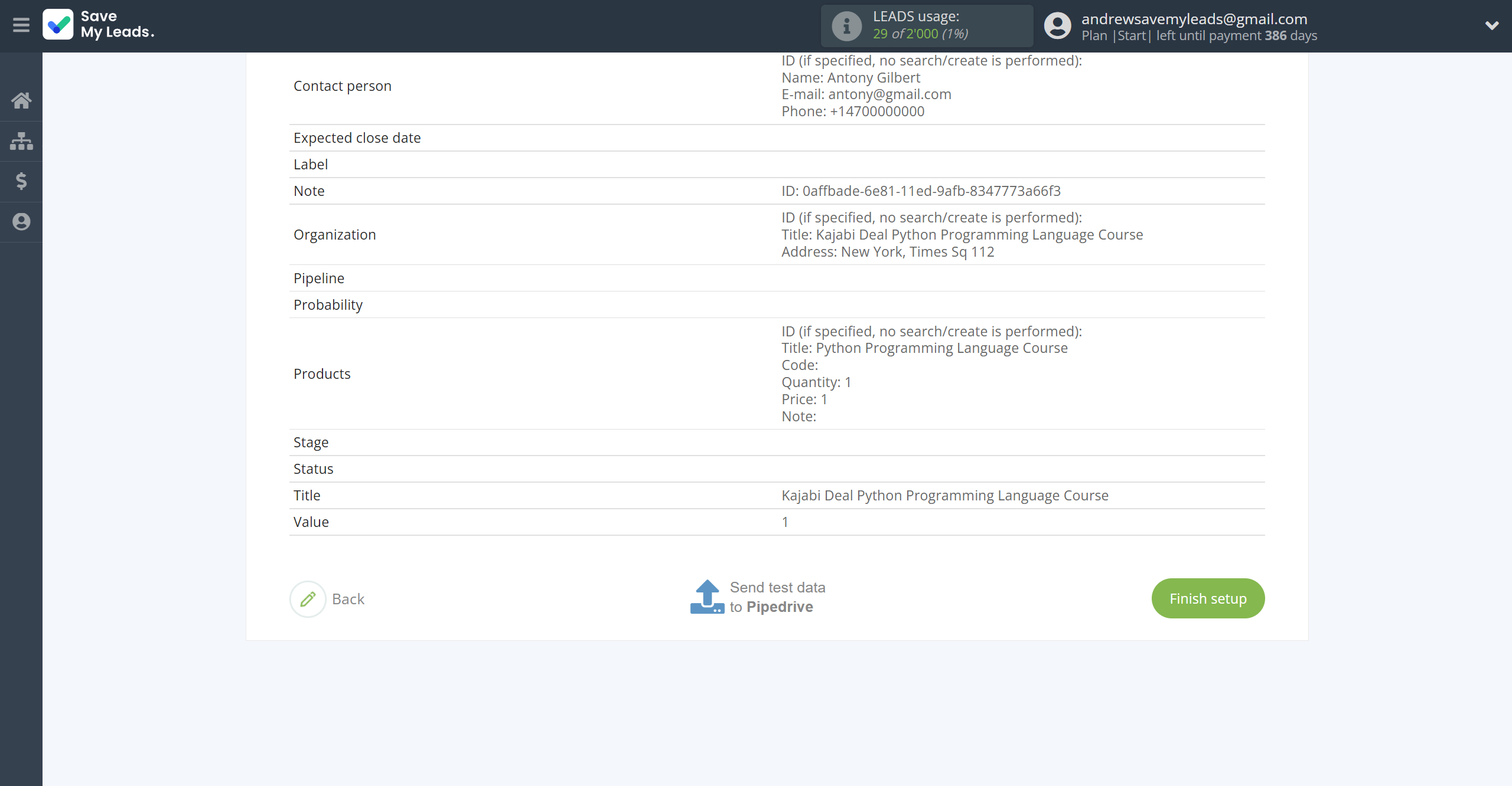 How to Connect Webhooks with Pipedrive Create Deal | Test data